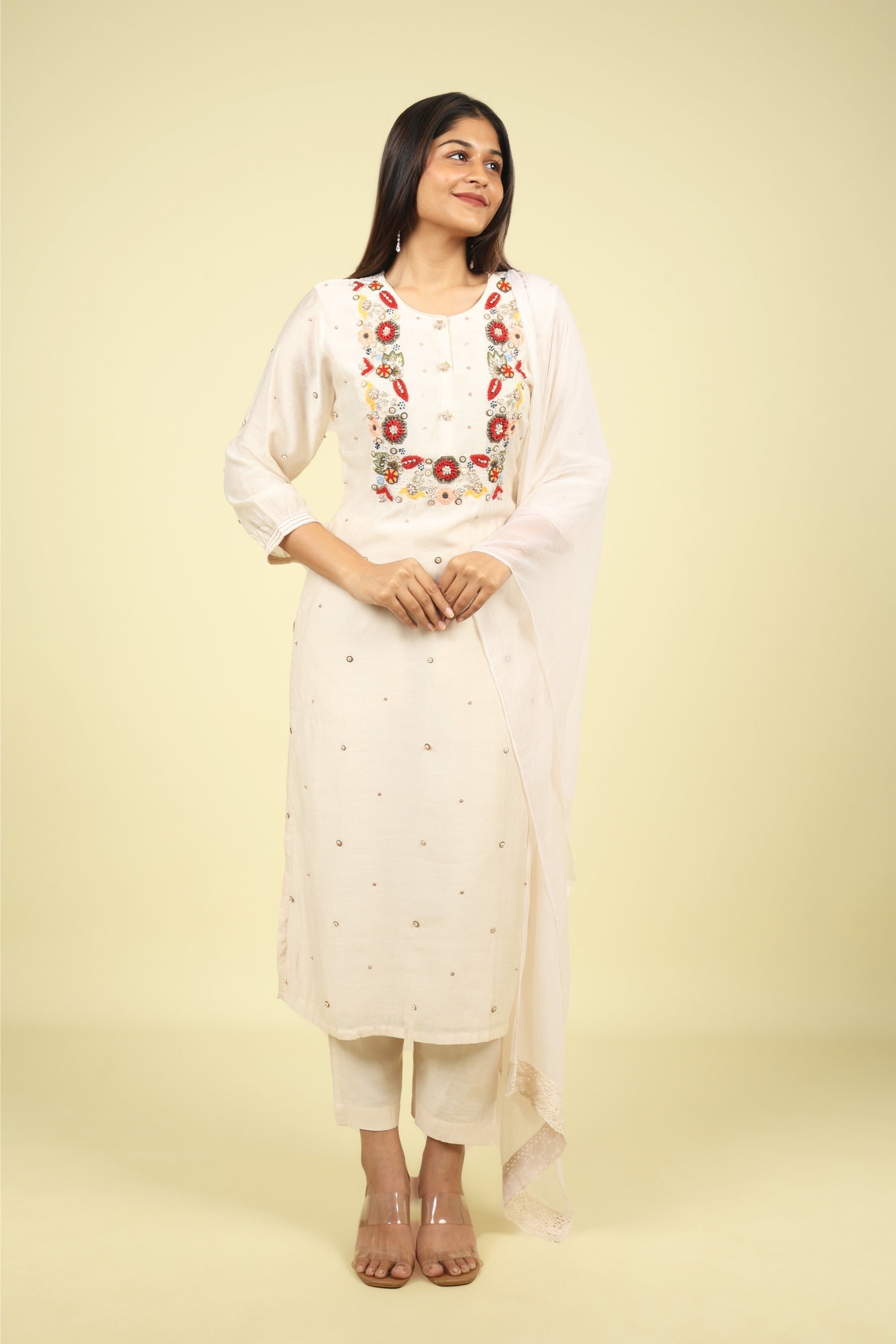 Cream Mul Chanderi Straight Cut Salwar Suit with Chiffon Dupatta