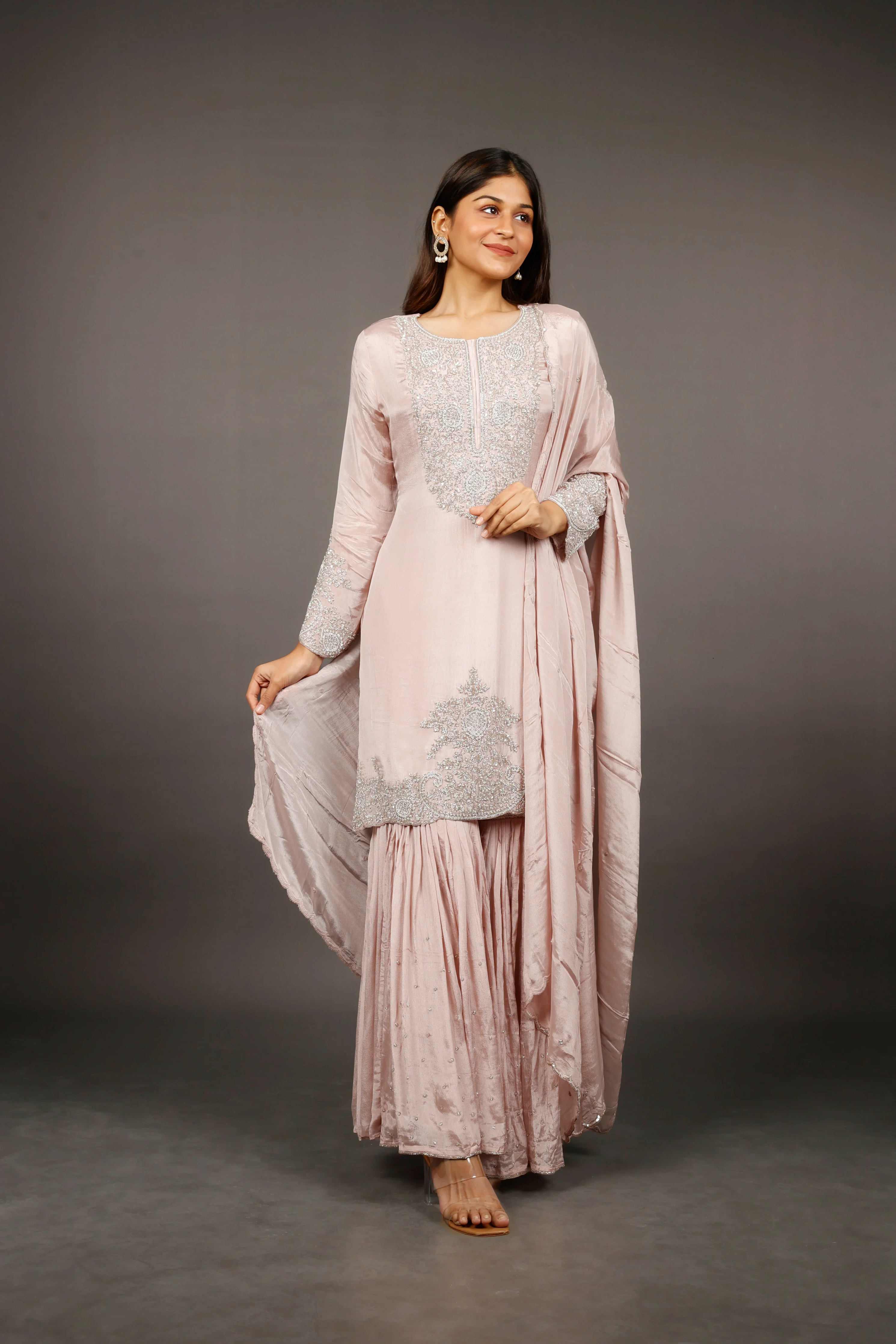 Blush Pink Chinon Silk Sharara Set with Kutdana & Pearl Embroidery - Mokshaa