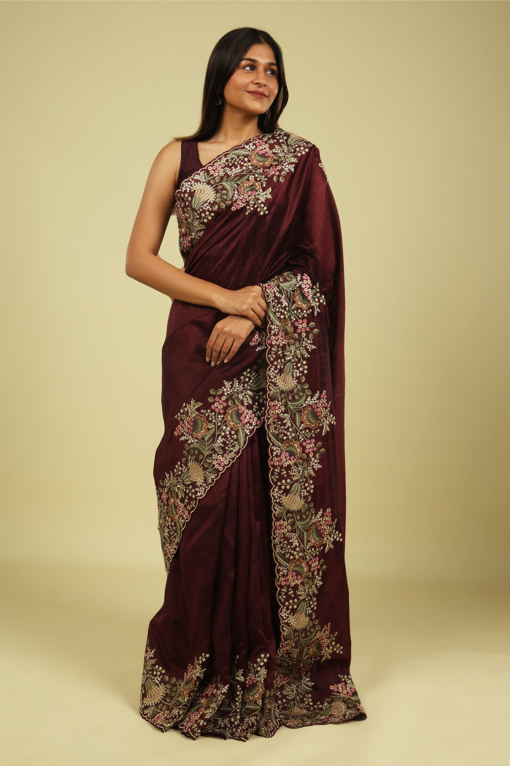 Dark Wine Handloom Tussar Saree with Multi-Thread Embroidered Border