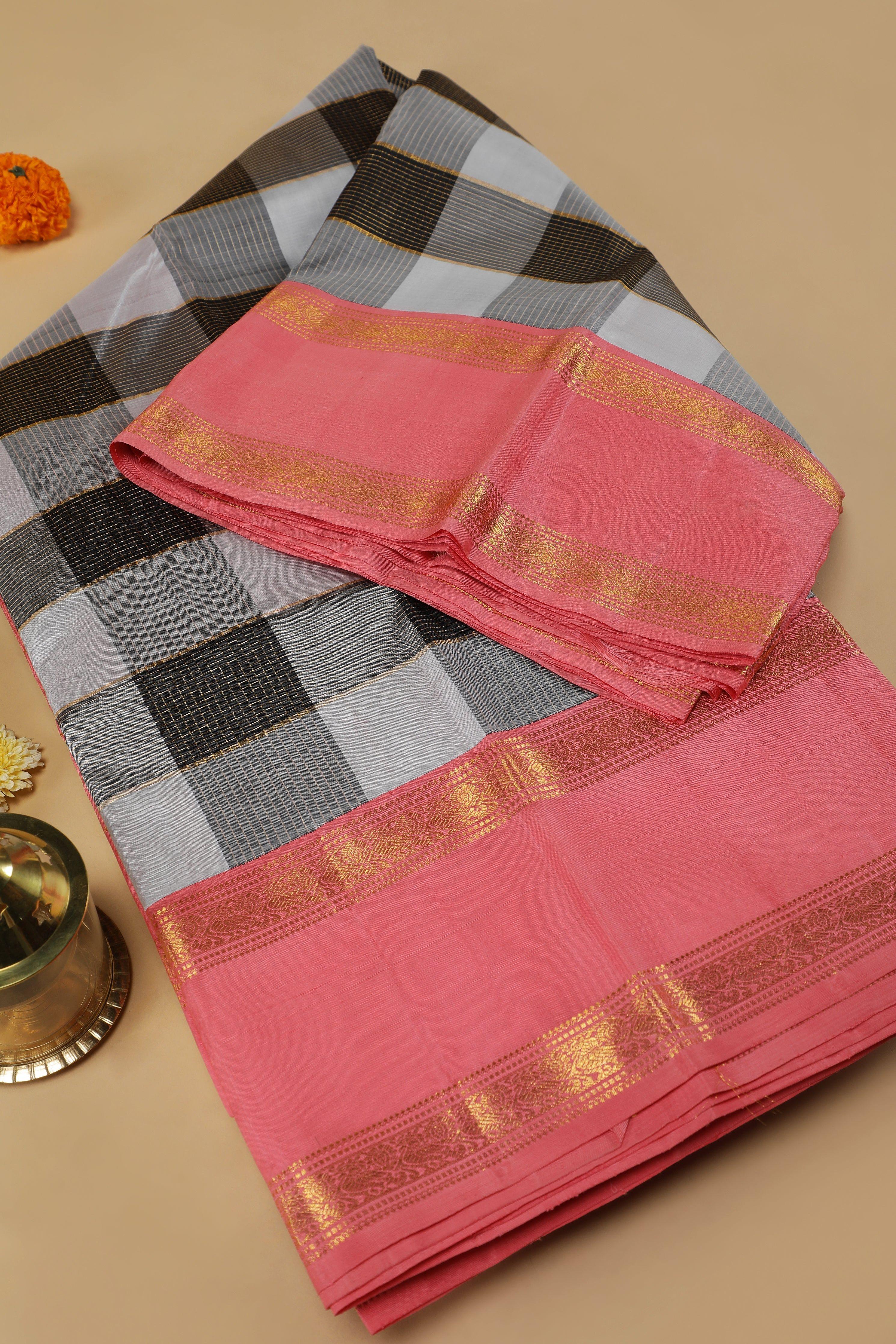Checked Kanchipuram Silk Saree With Pink Border Mokshaa