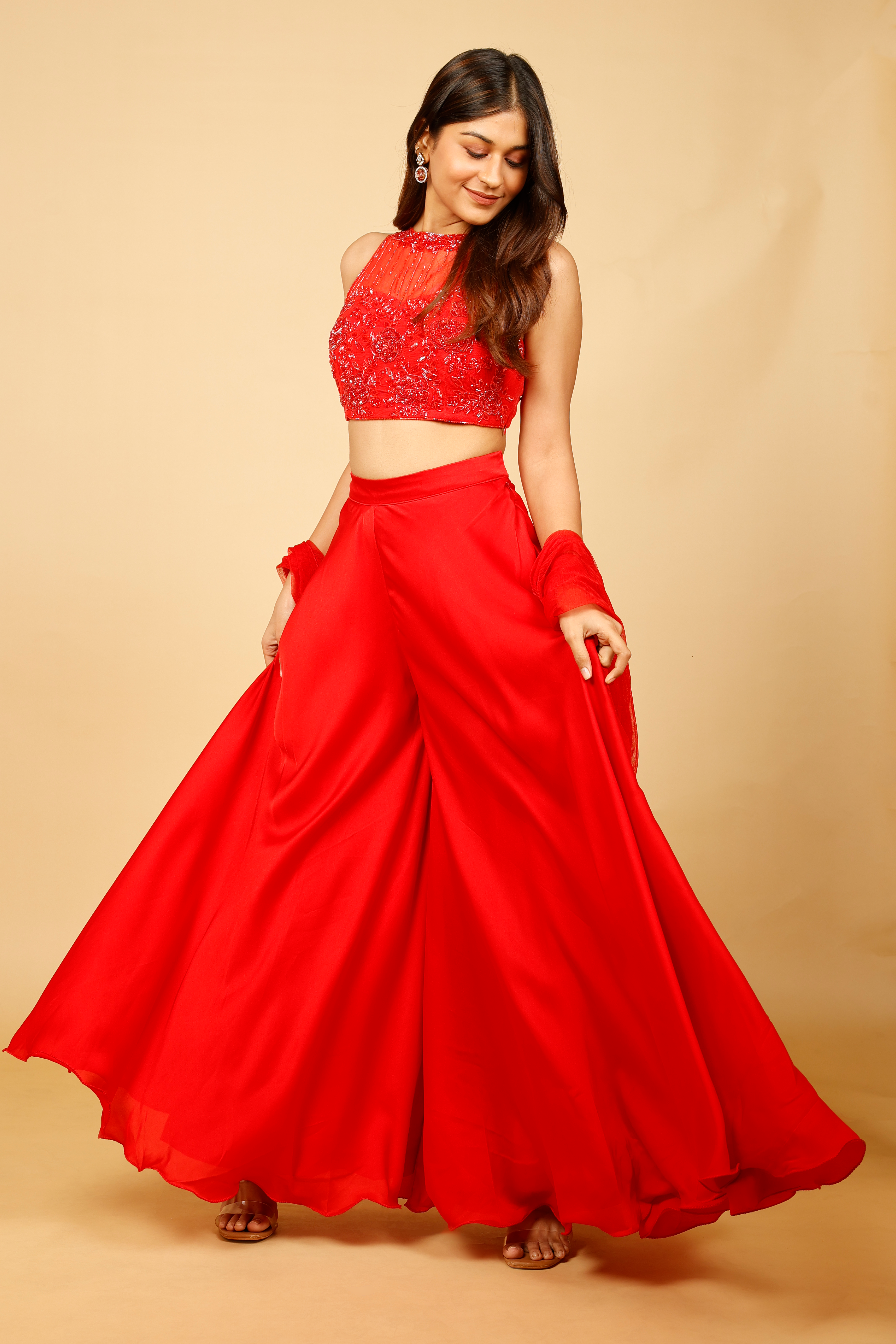 Red Crop Top with Palazzo and Net Dupatta