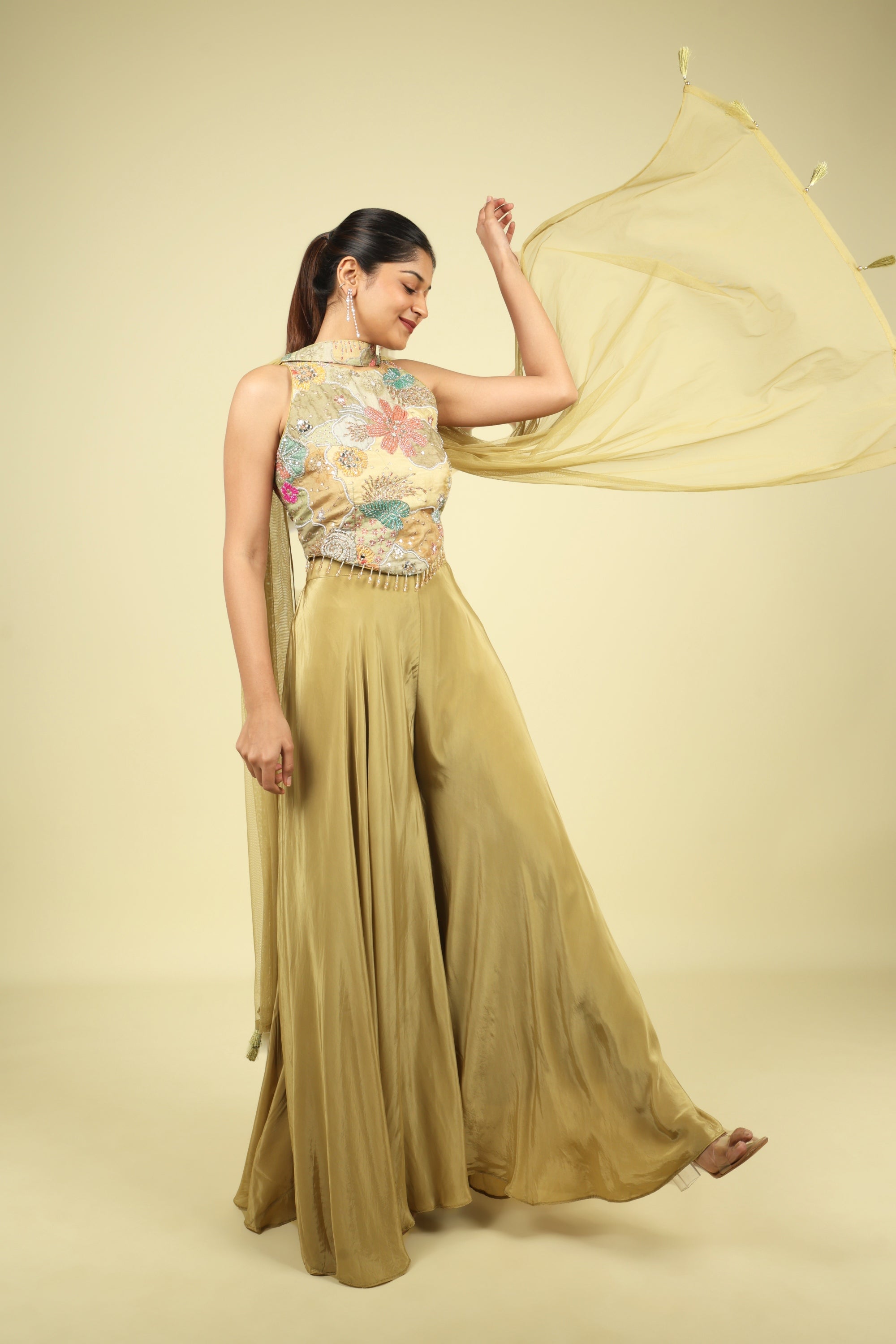 Olive Green Embroidered Satin Silk Corset Palazzo Set