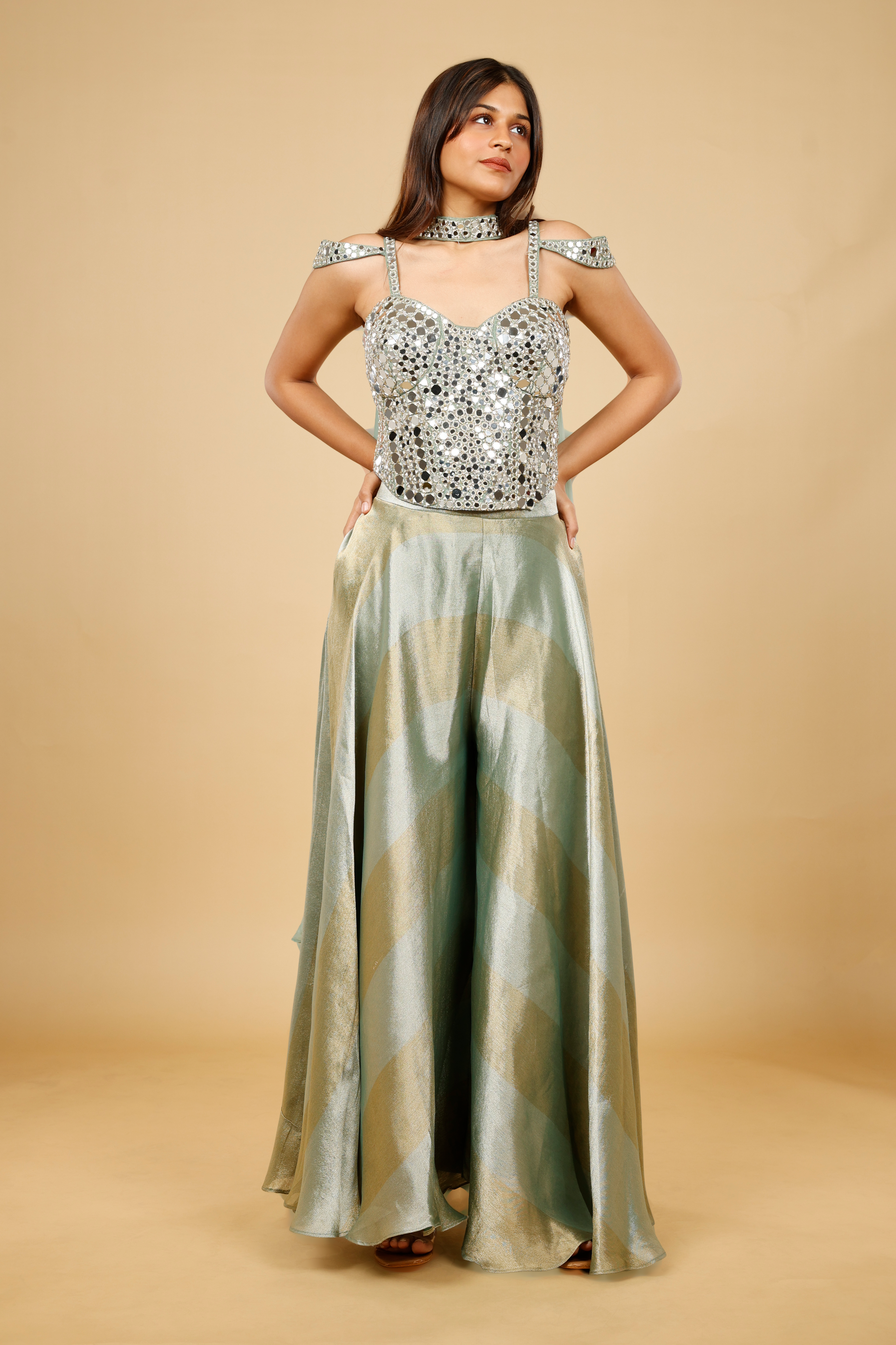 Sage Green Banarasi Tissue Corset Palazzo Set with Mirror Embroidery