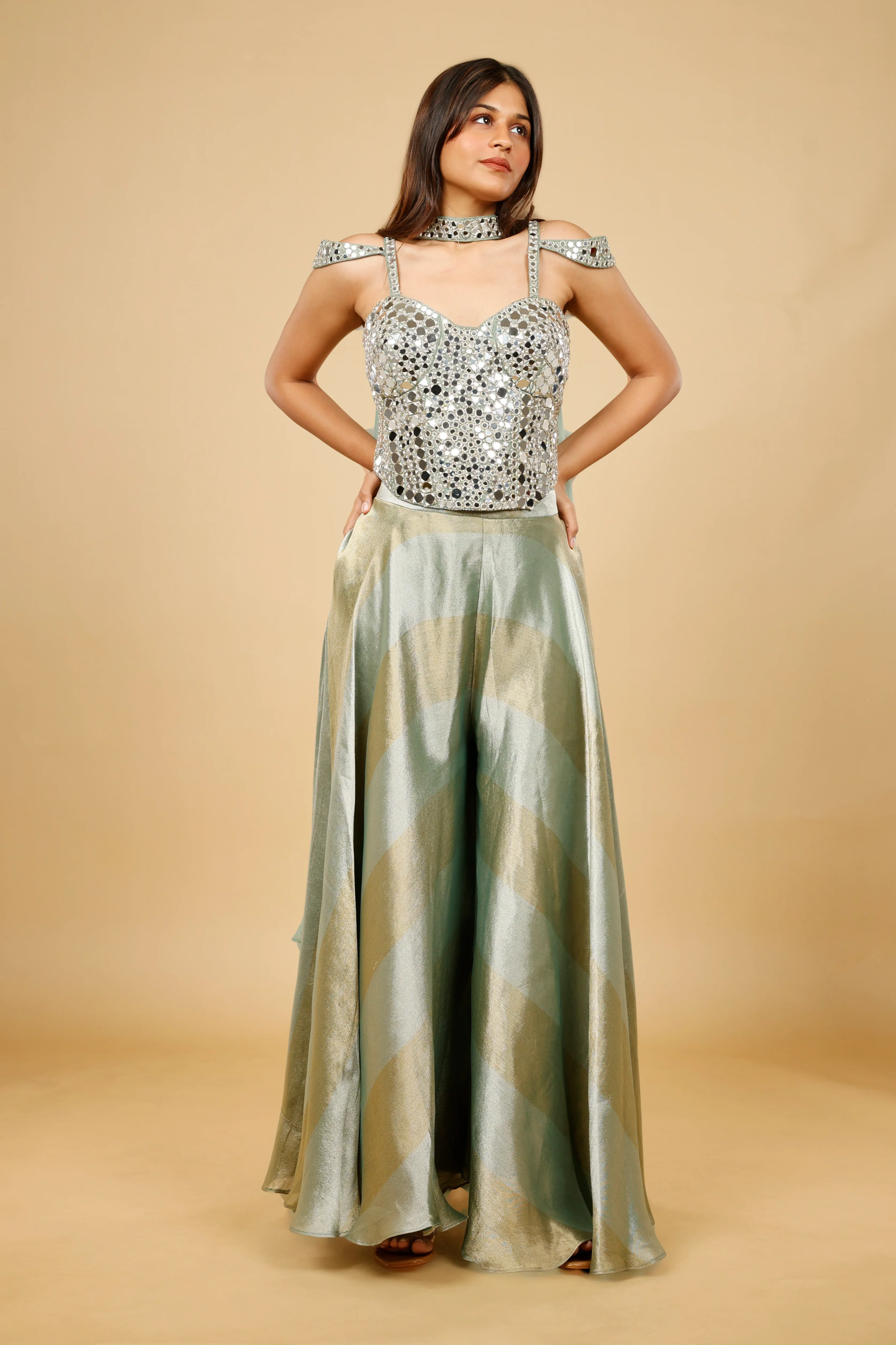 Sage Green Banarasi Tissue Corset Palazzo Set with Mirror Embroidery - Mokshaa