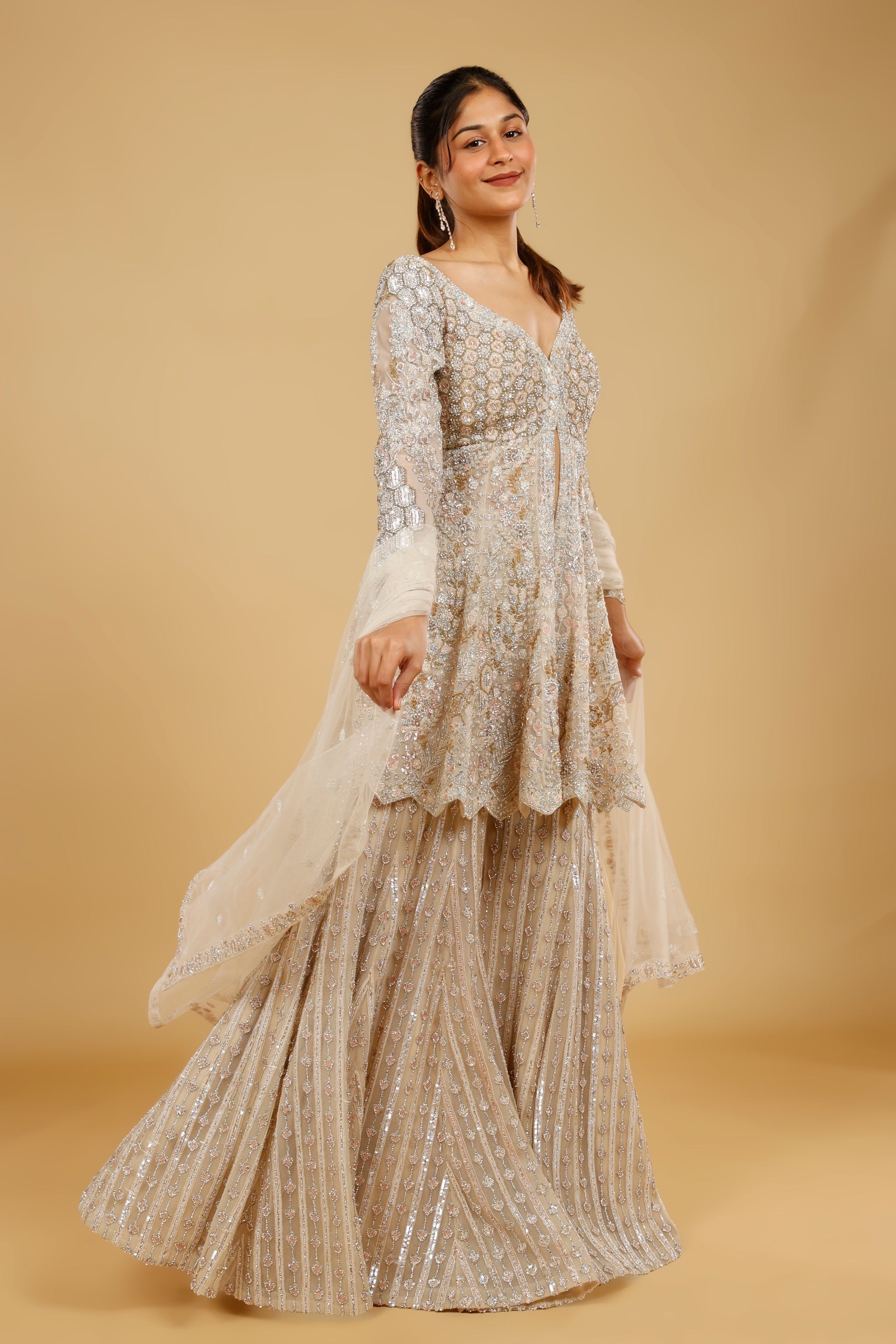 Ivory Net Sharara Set with Stone, Kundan & Sequin Embroidery