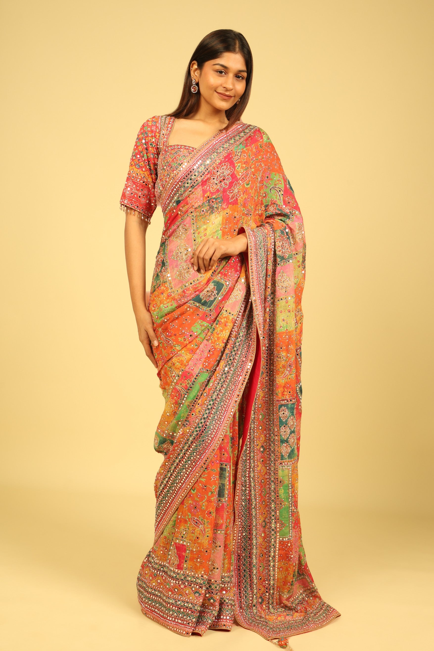 Multicolour Soft Georgette Saree with Digital Print, Sequin & Mirror Highlights