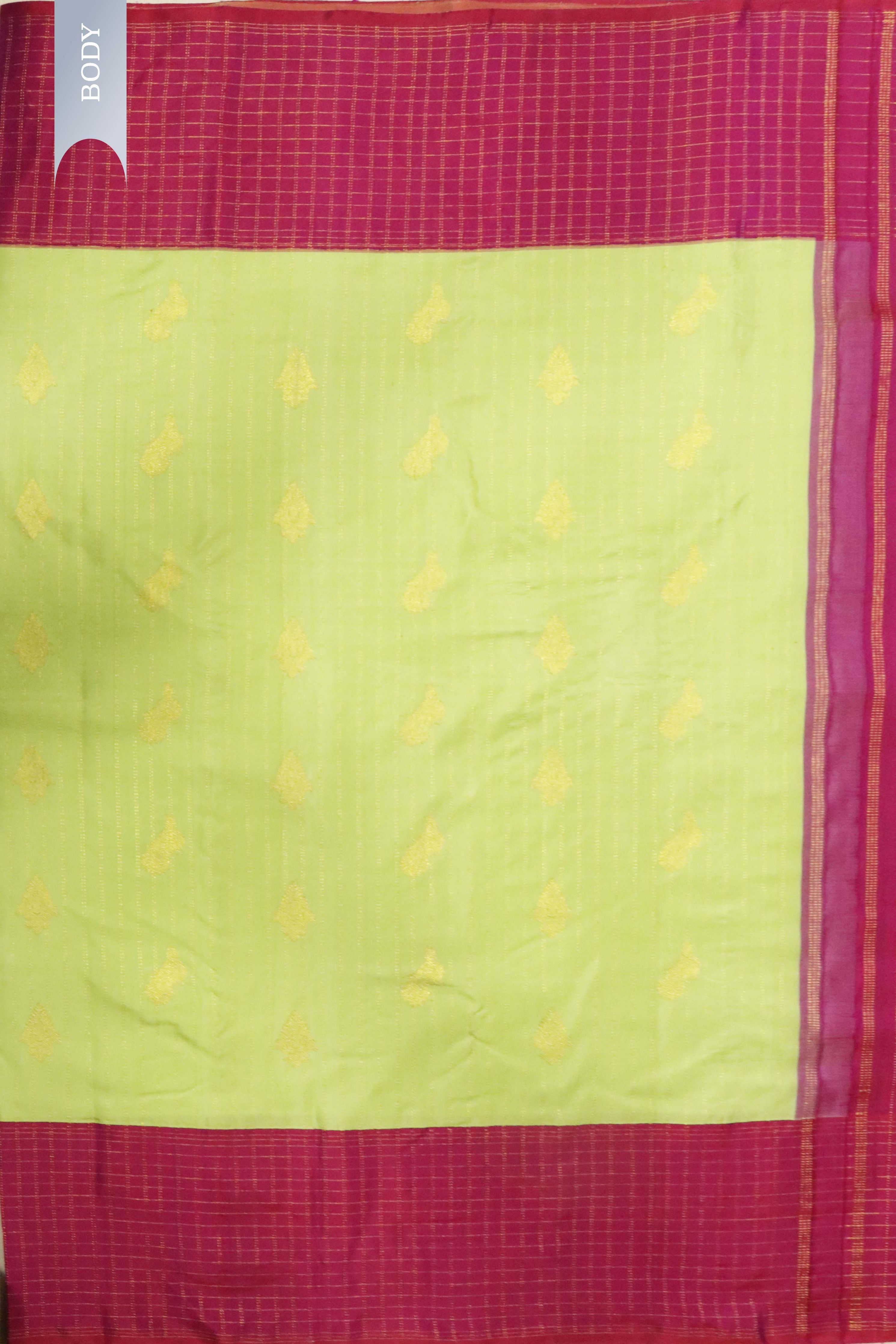 Green with Pink Kanchipuram Silk Saree with Zari Vertical Lines, Motifs & Contrast Zari Checks Border - Mokshaa