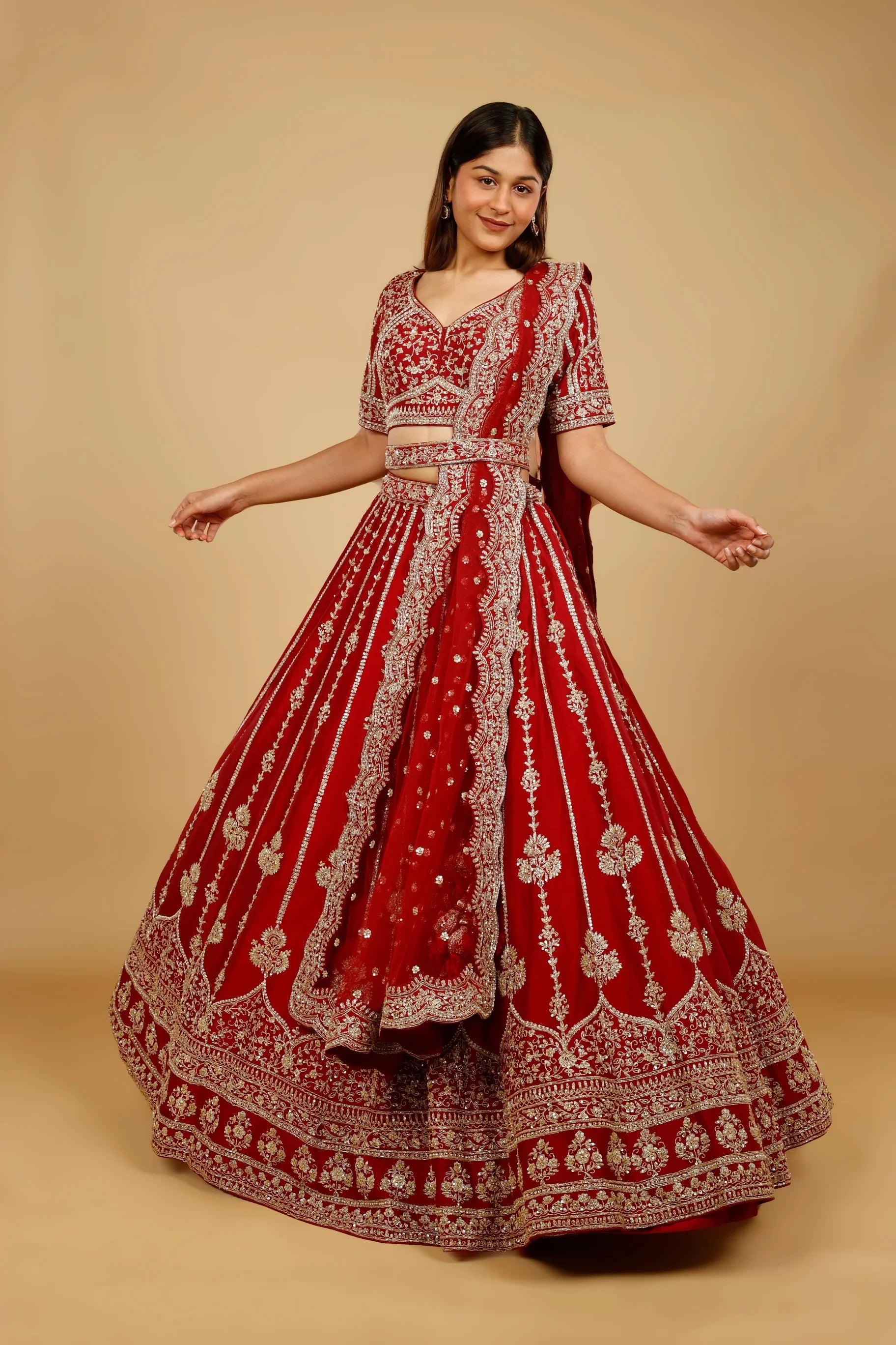 Maroon Raw Silk Bridal Lehenga Set with Zari, Sequin & Pearl Embroidery - Mokshaa