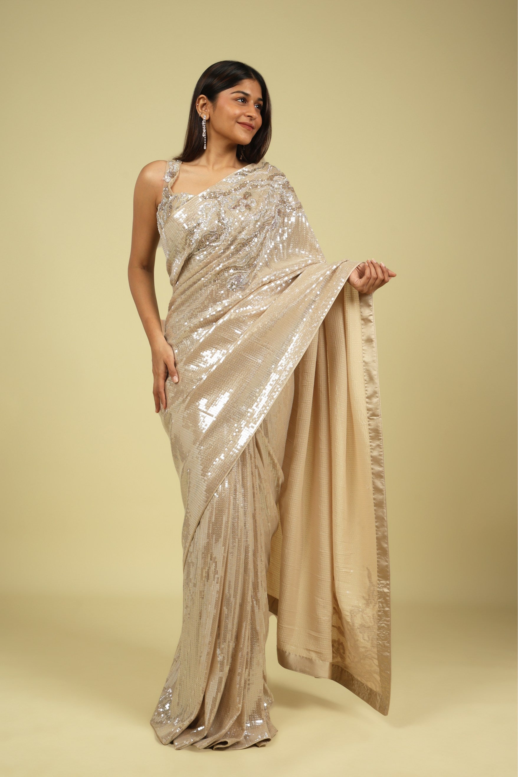 Beige Net Saree with All-Over Self Sequins & Fancy Sequin Border