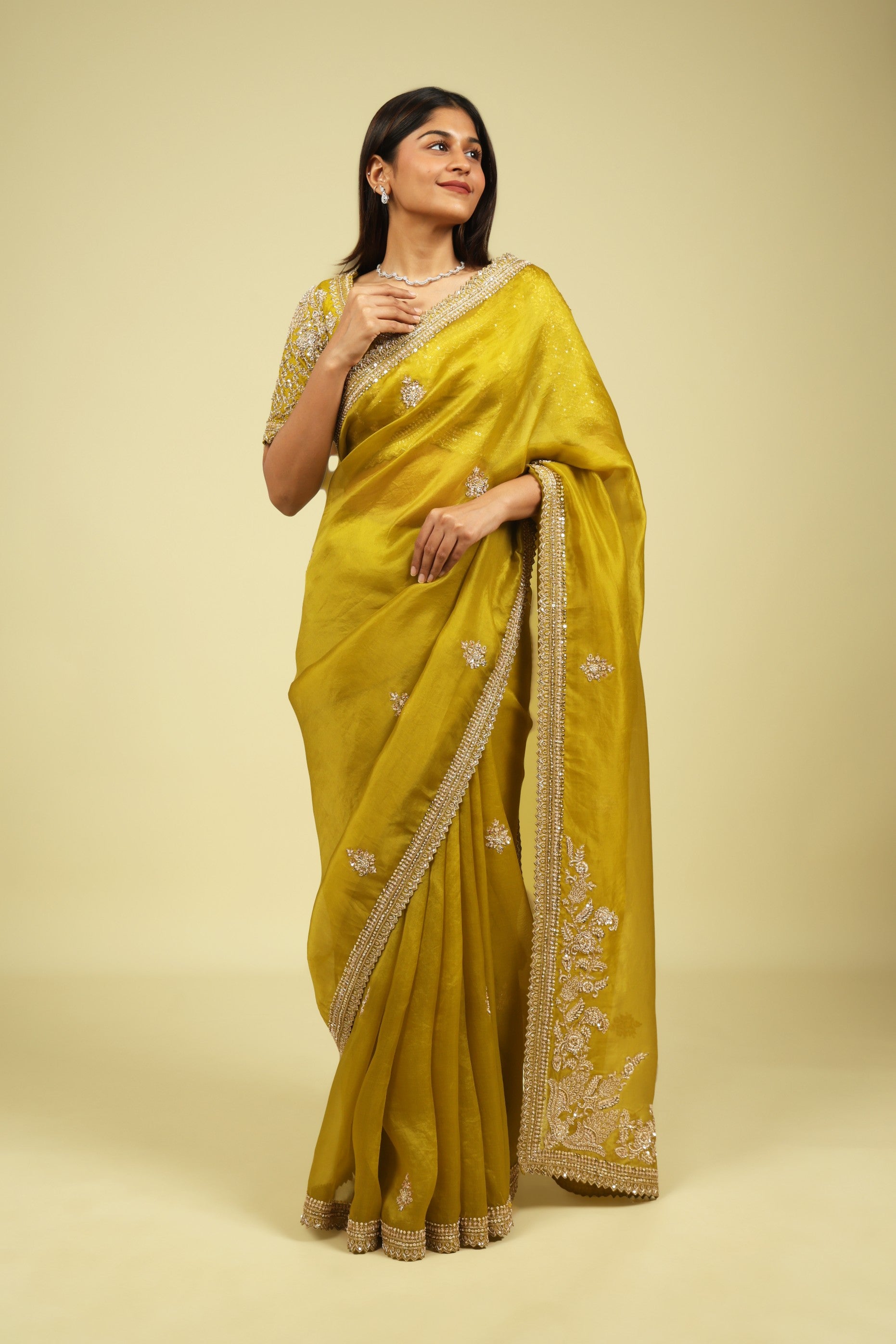 Lime Green Organza Saree with Zardoosi, Sequin Buttas & Embroidered Border