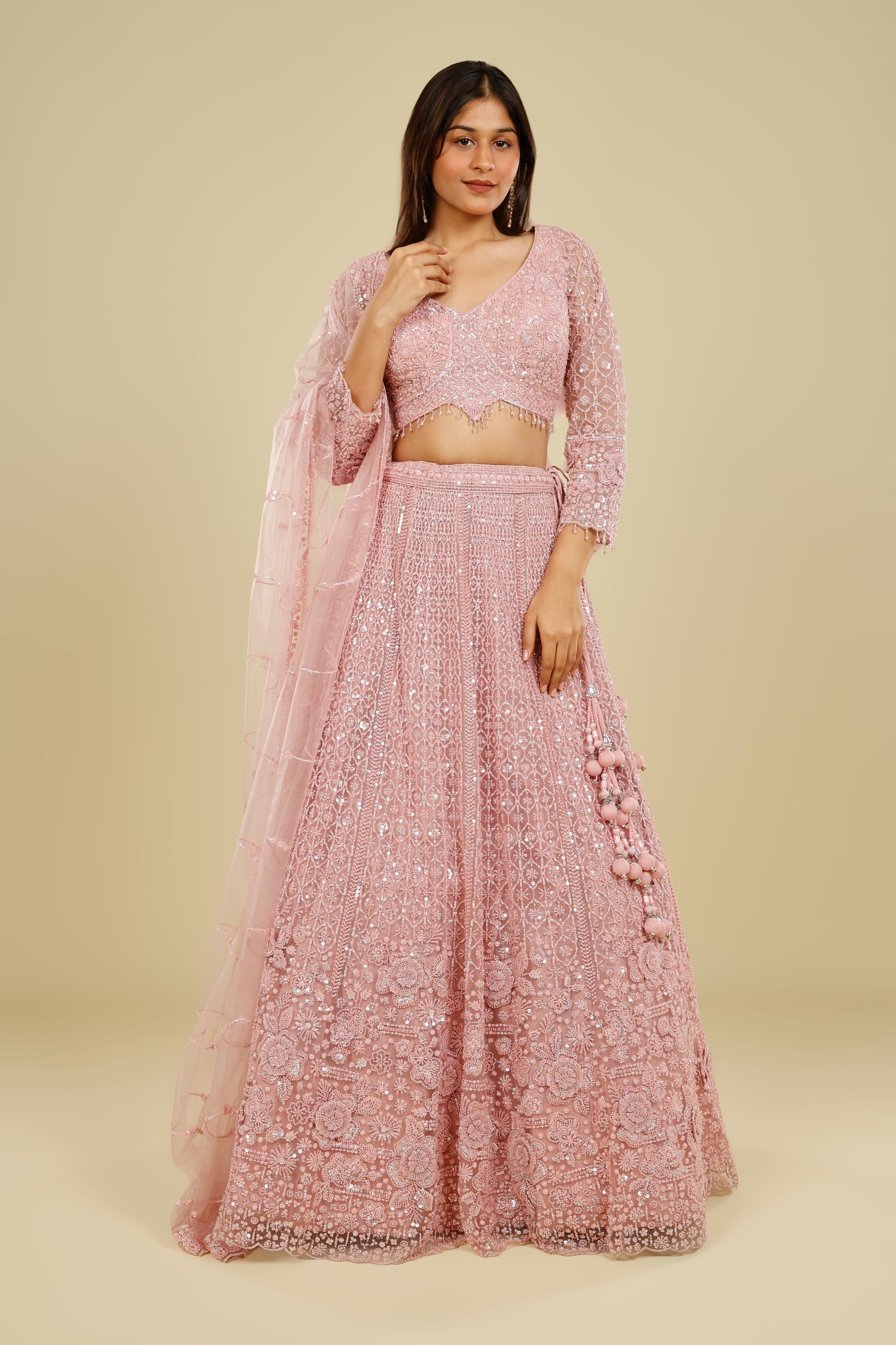 Blush Pink Net Lehenga Set with Pearl, Sequin & Cutdana Embroidery