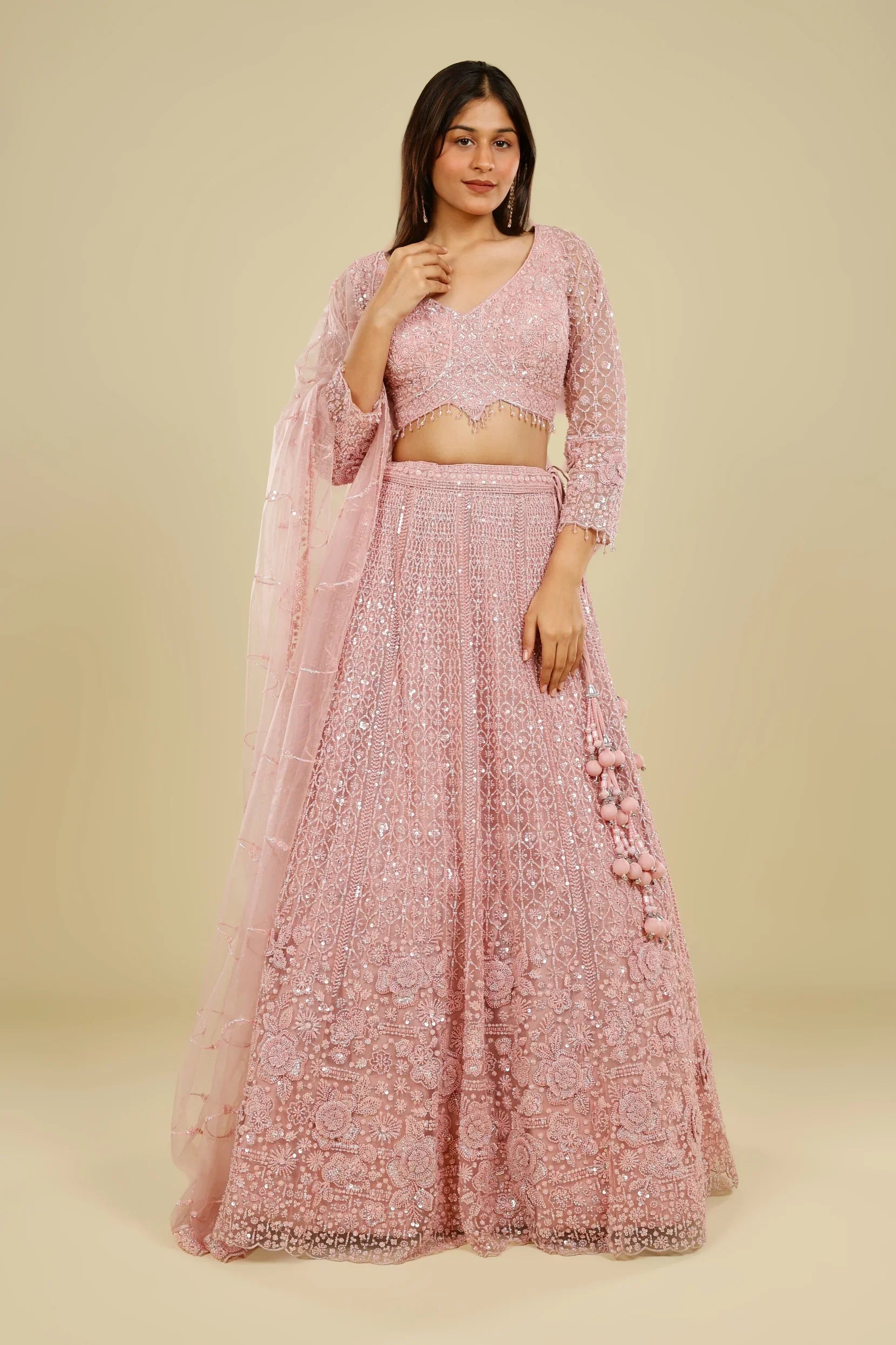 Blush Pink Net Lehenga Set with Pearl, Sequin & Cutdana Embroidery