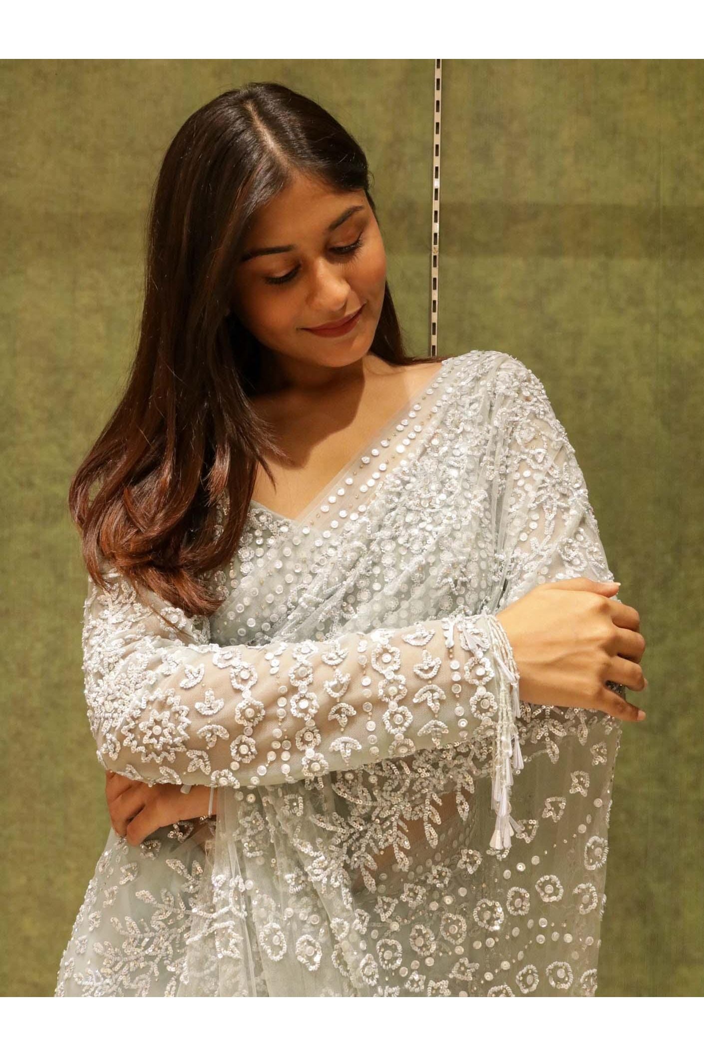 Ice Blue Net Saree with All-Over Sequins & Stone Work - Mokshaa