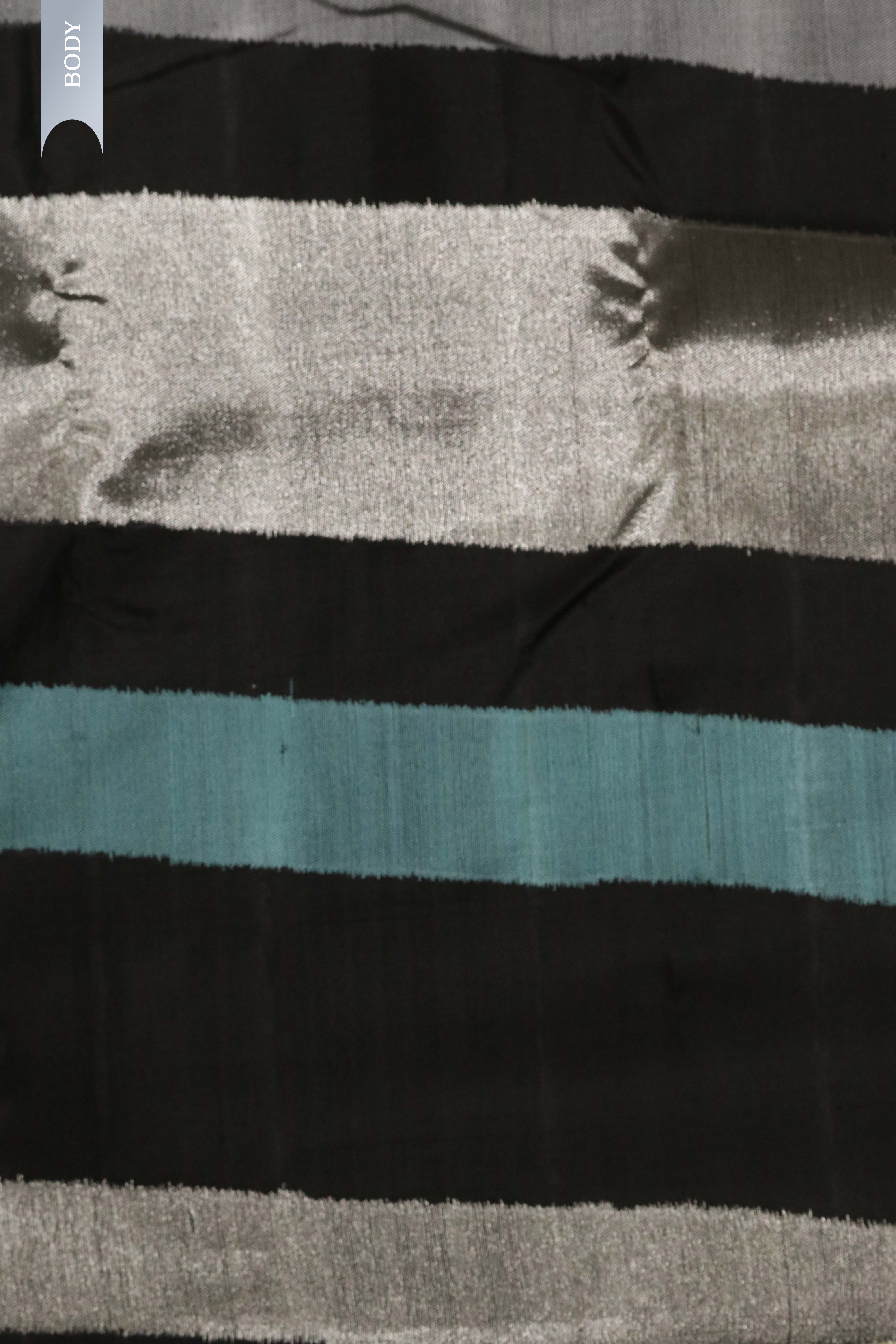 Black Kanchipuram Silk Saree with Silver & Blue Thread Striped Weaving