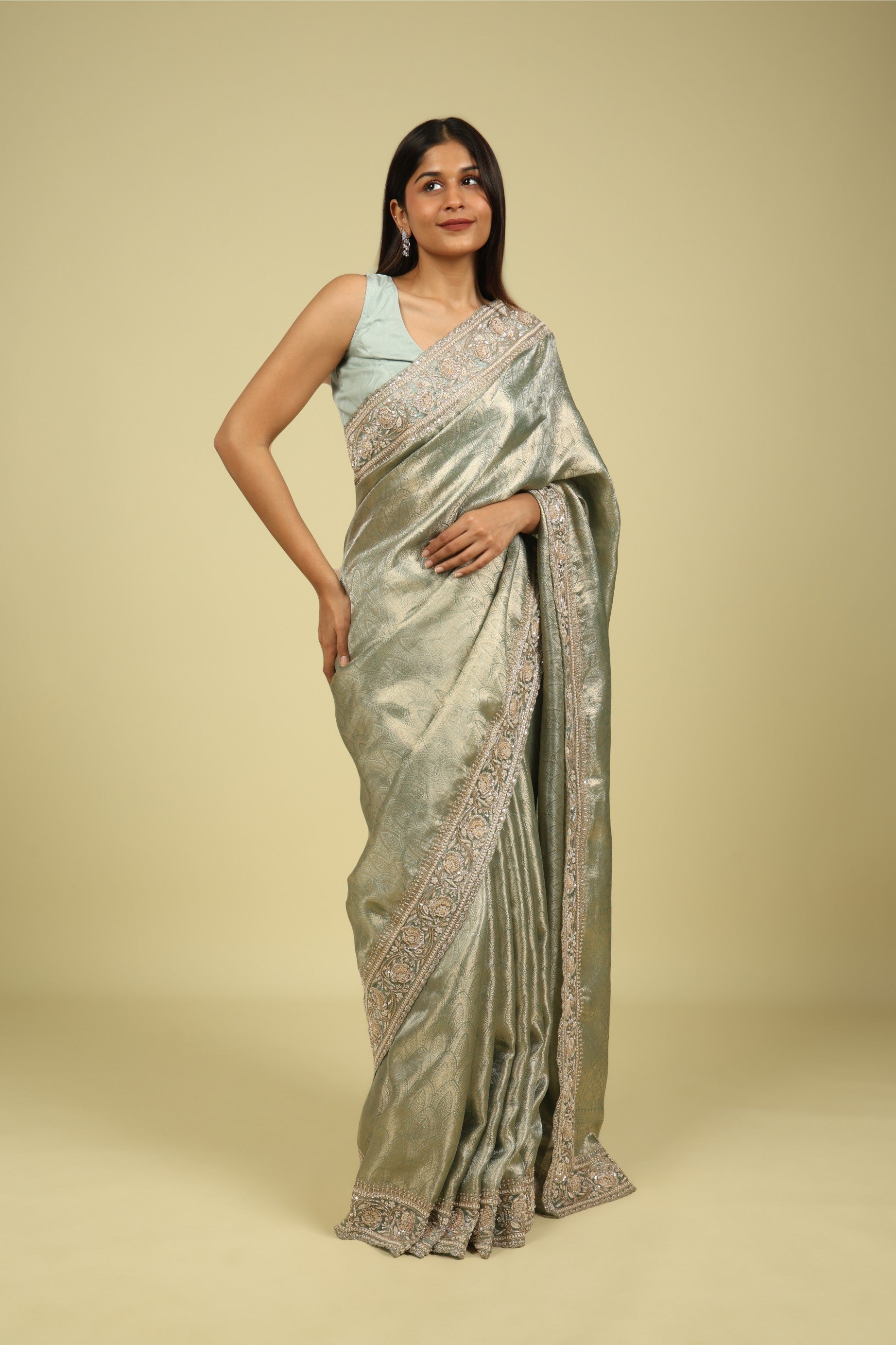 Sea Blue Banaras Tissue Saree with Pearl, Bead & Sequin Embroidered Border