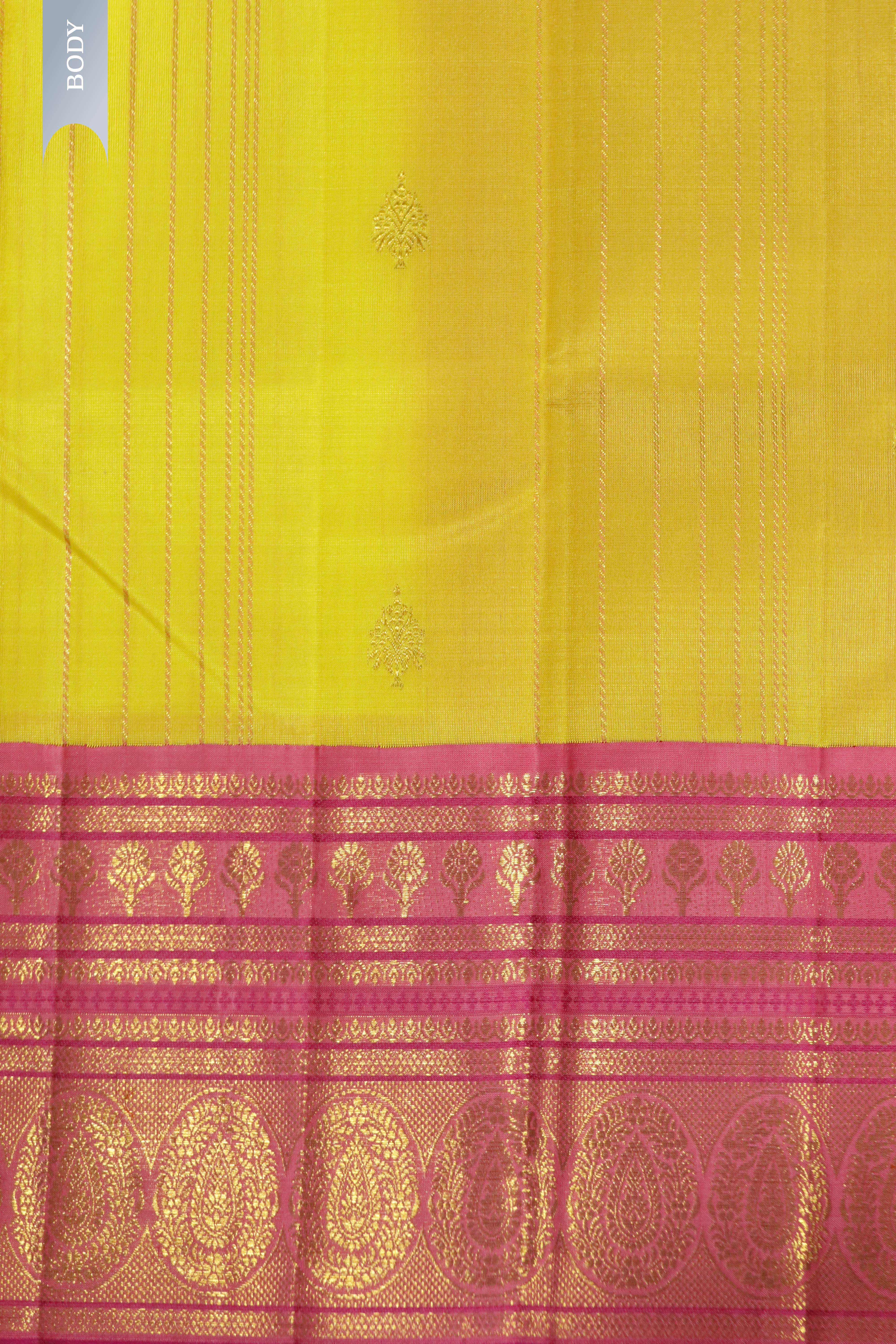 Yellow Kanchipuram Silk Saree with Zari Stripes, Motifs & Contrast Zari Border