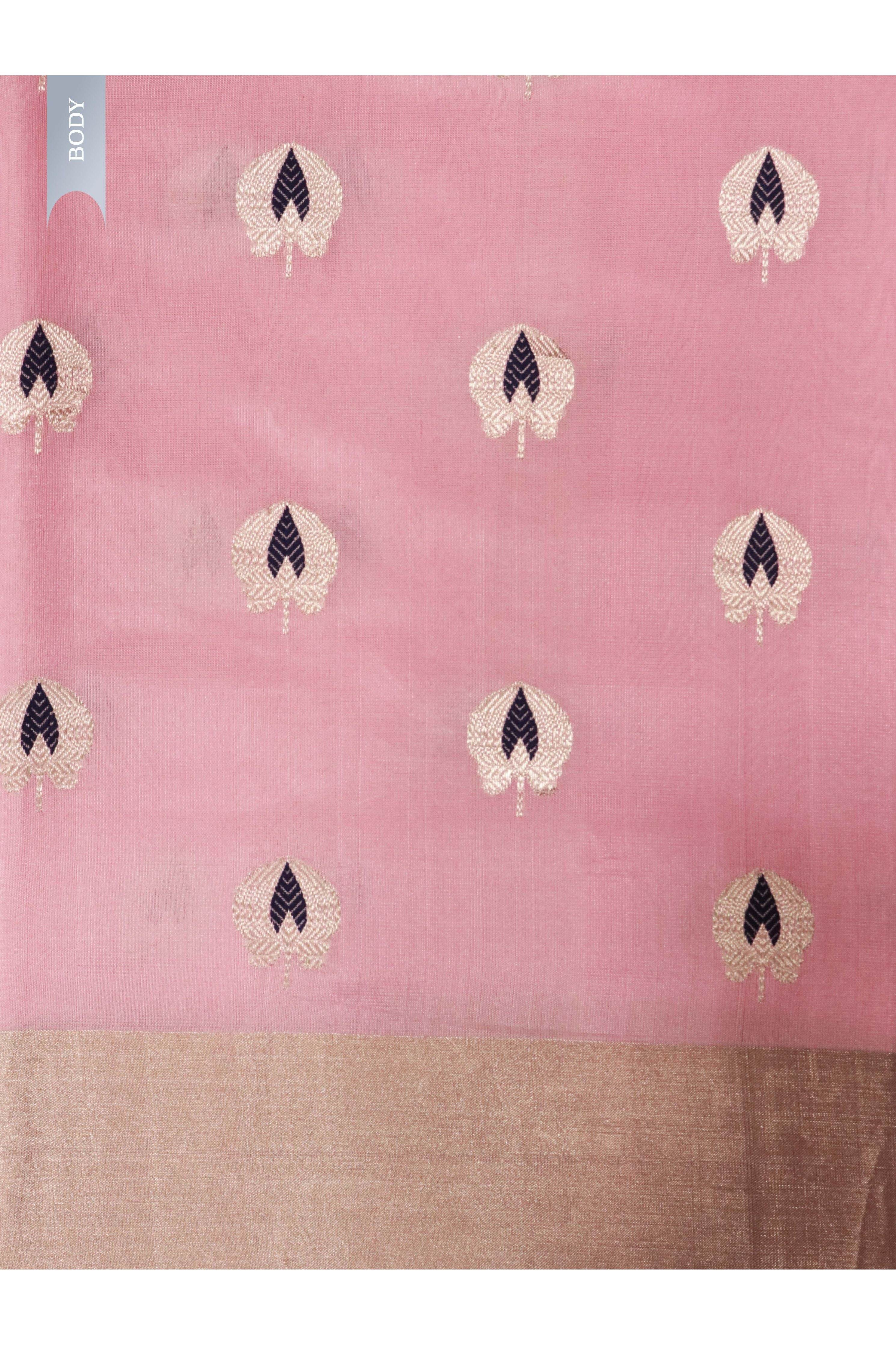 Baby Pink Banarasi Chanderi Silk Saree with Silver & Thread Motifs - Mokshaa