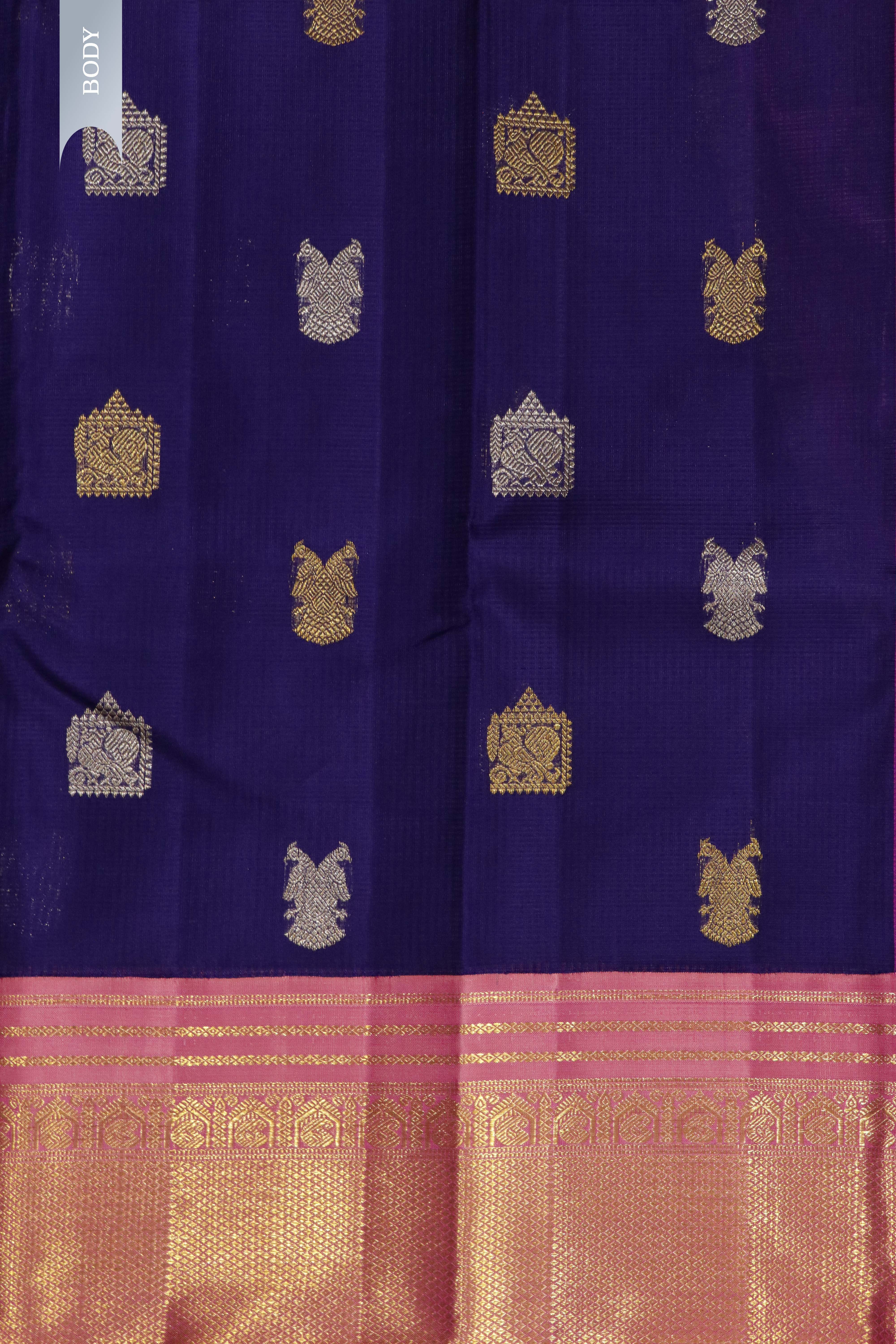 Royal Blue Kanchipuram Silk Saree with Silver & Gold Zari Motifs and Contrast Border