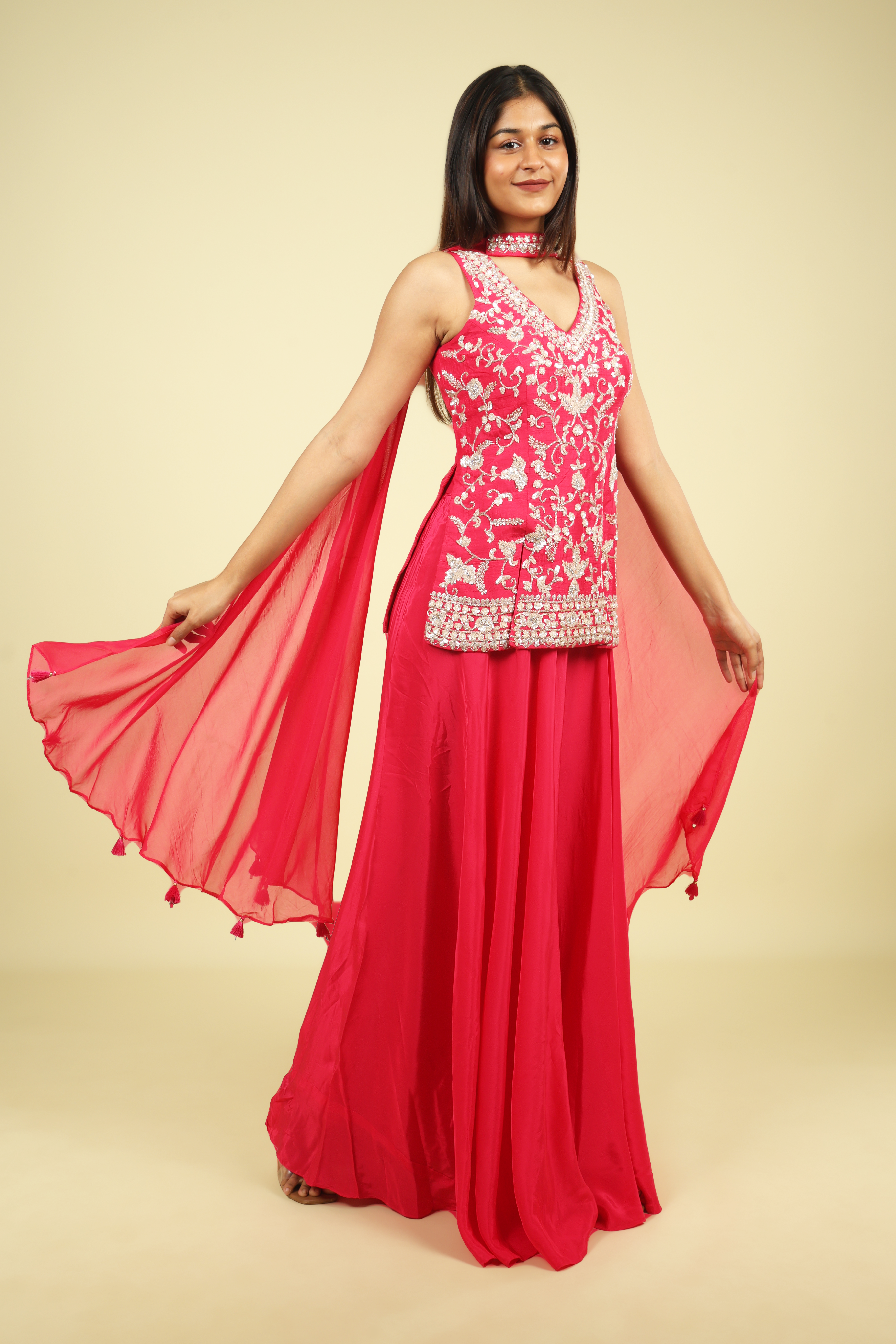 Pink Silk Palazzo Set with Embroidered Top & Organza Choker Dupatta