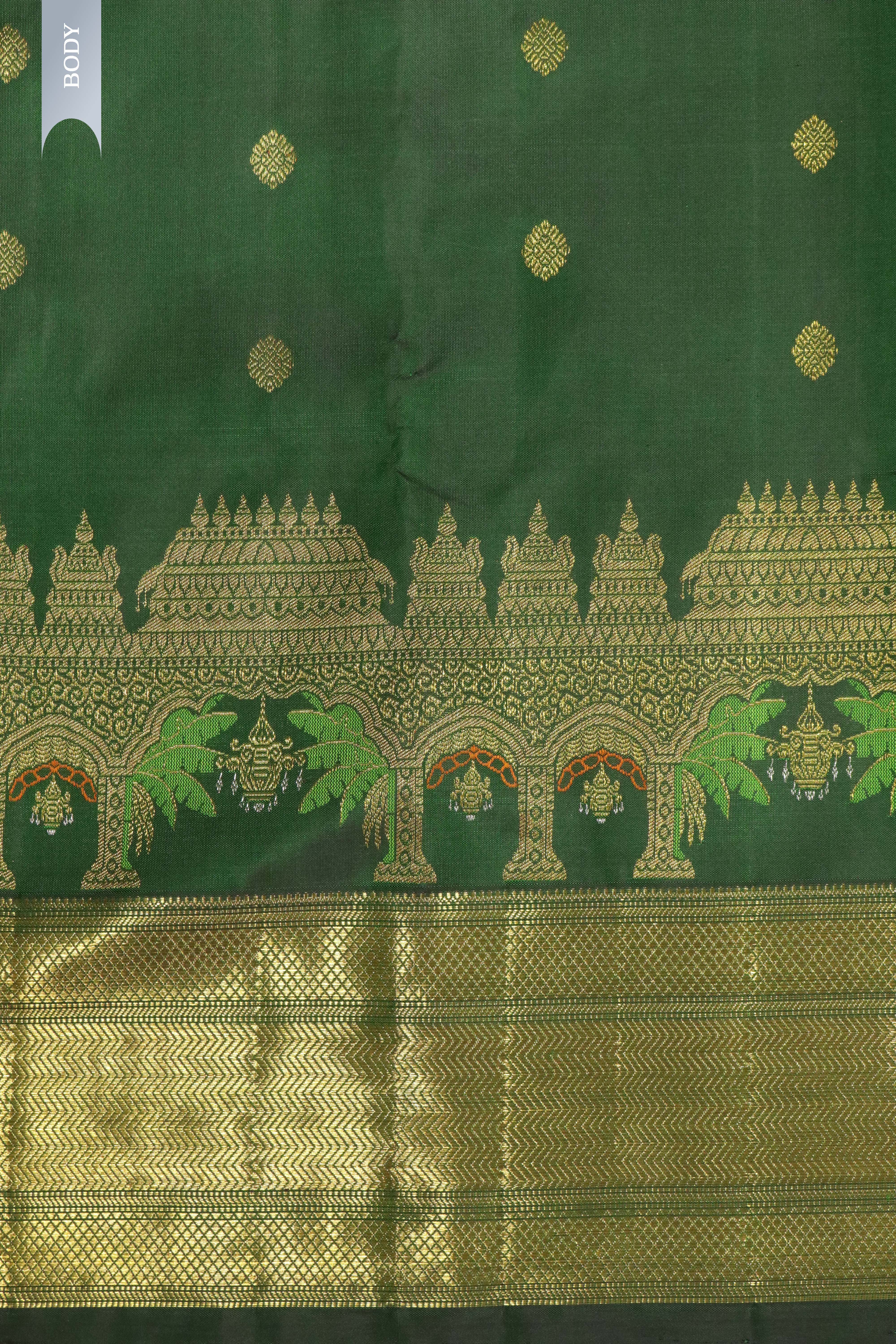 Bottle Green Kanchipuram Silk Saree with Thread Meenakari Motifs and Long Zari Border