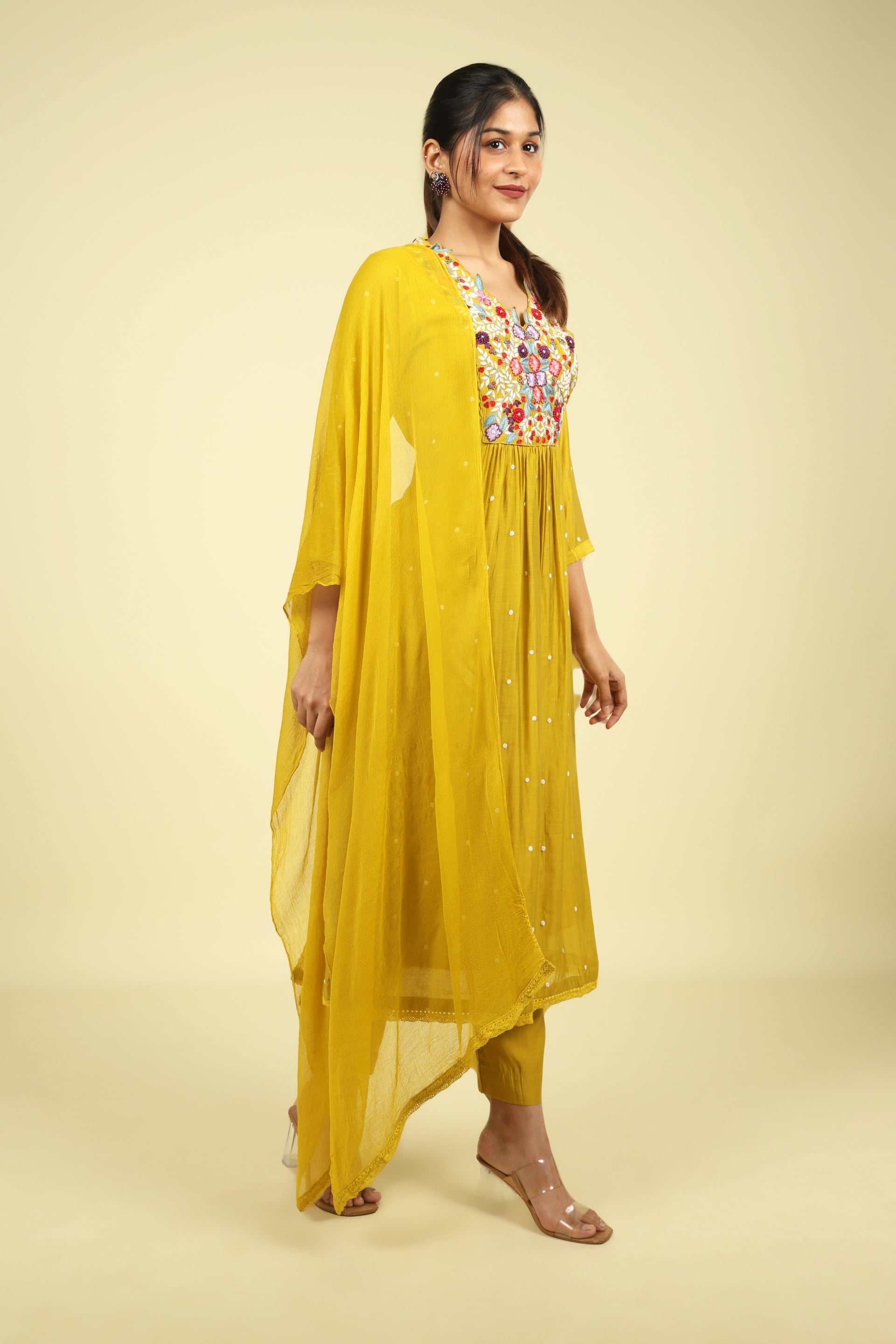 Yellow Mul Chanderi Straight Cut Salwar Set