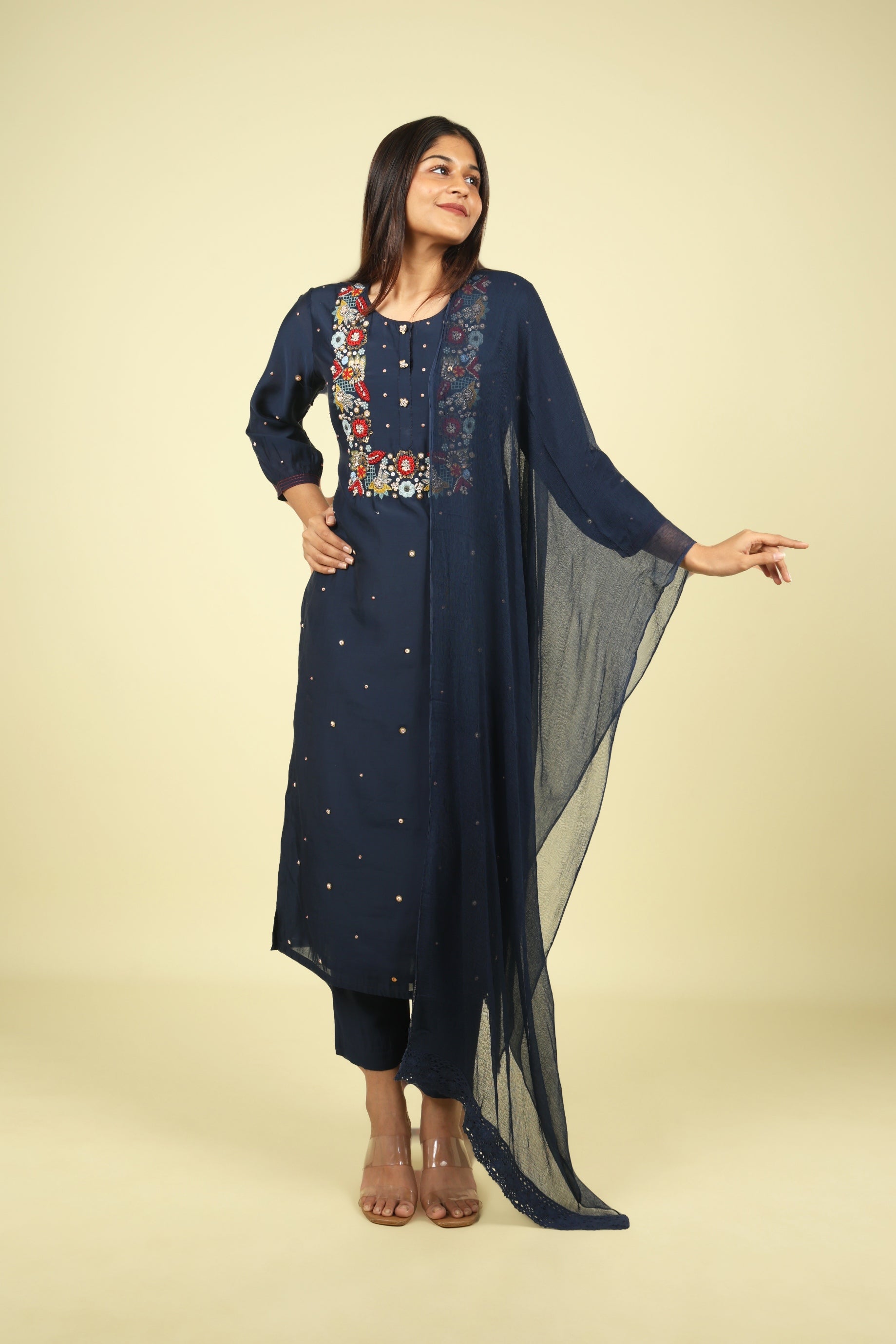 Navy Embroidered Mul Chanderi Salwar Suit