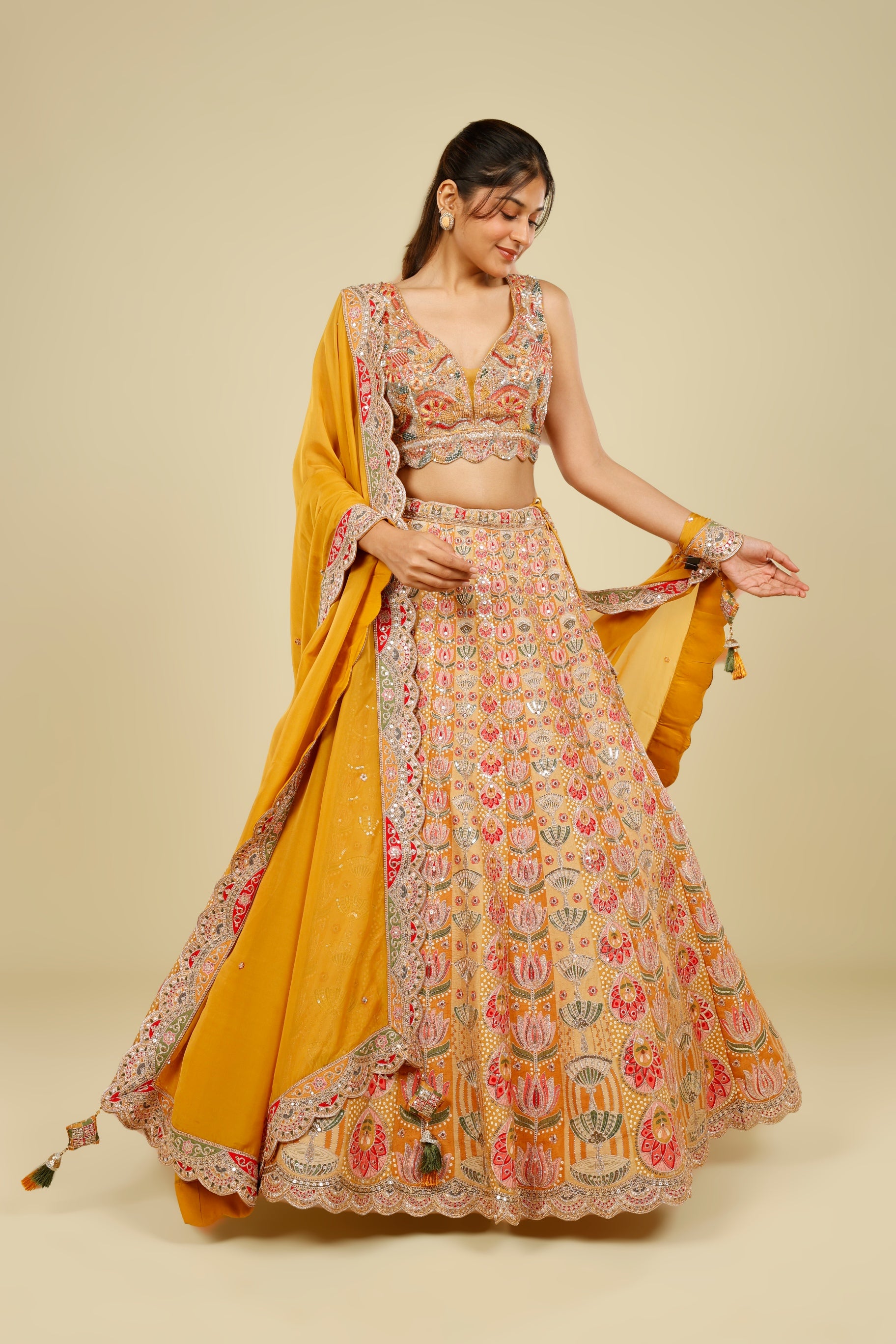 Yellow Printed Silk Lehenga Set with Zari & Sequin Embroidery