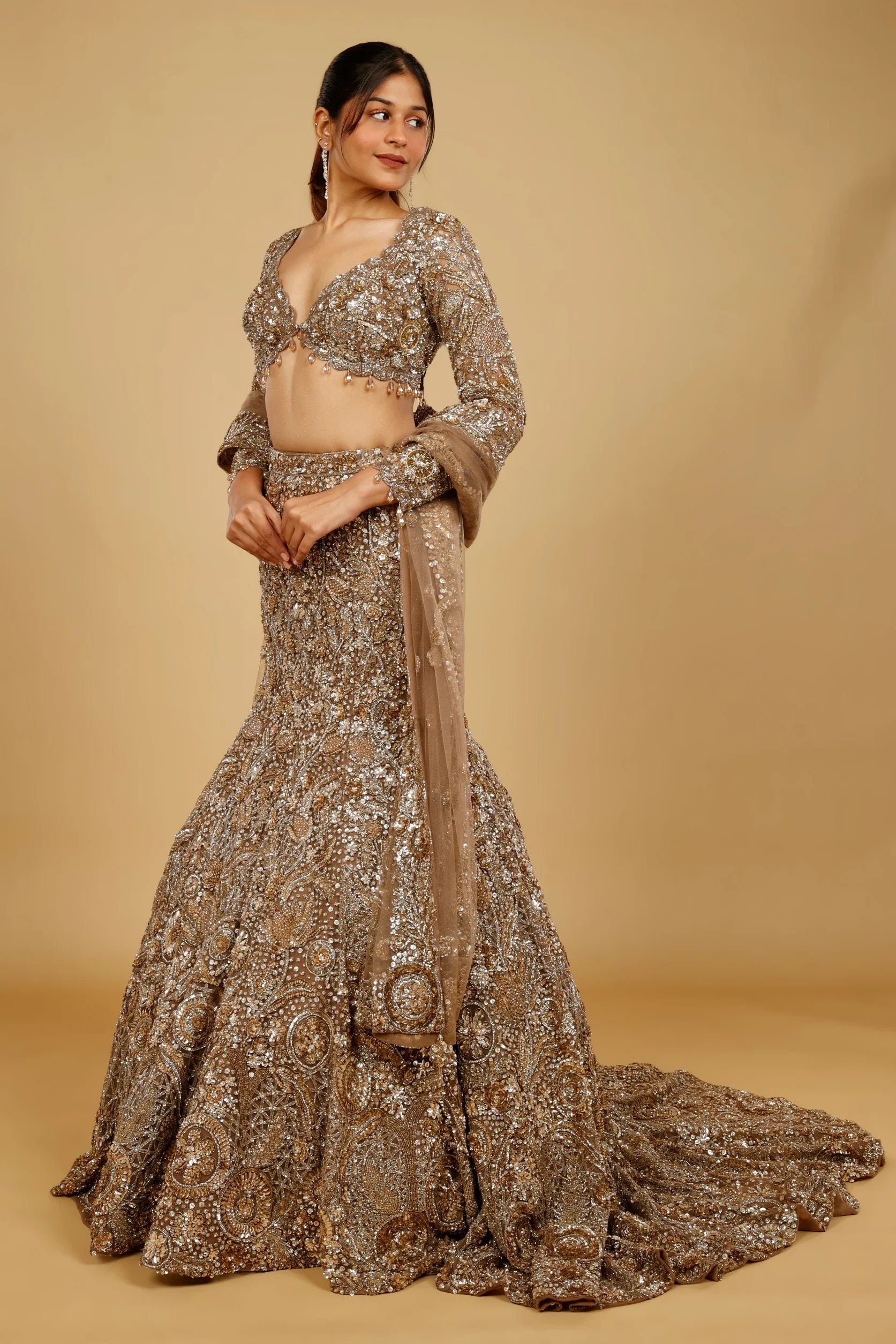 Dark Gold Net Mermaid Lehenga Set with Sequin, Stone & Kutdana Embroidery
