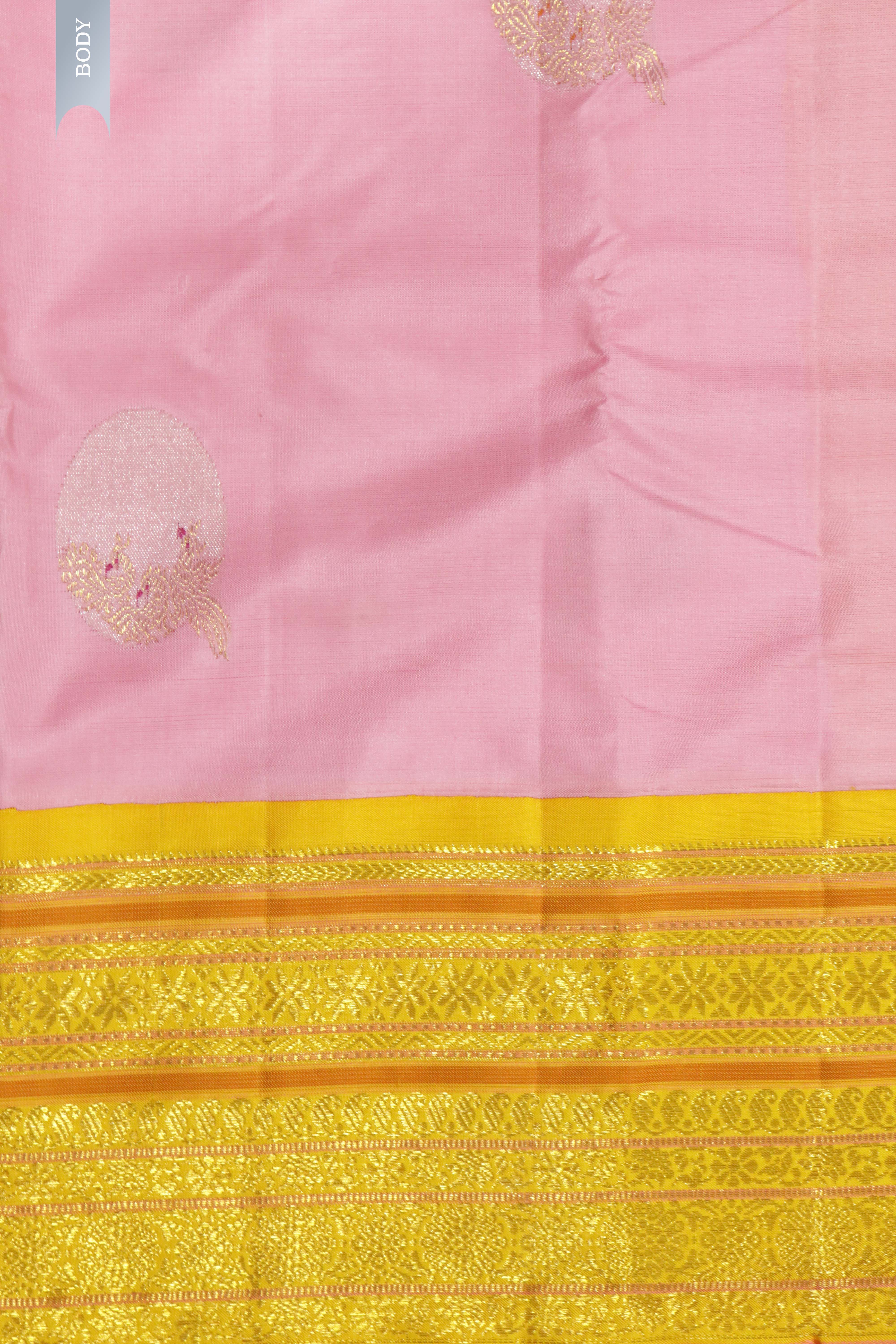 Baby Pink Kanchipuram Silk Saree with Fancy Motifs and Contrast Zari Border
