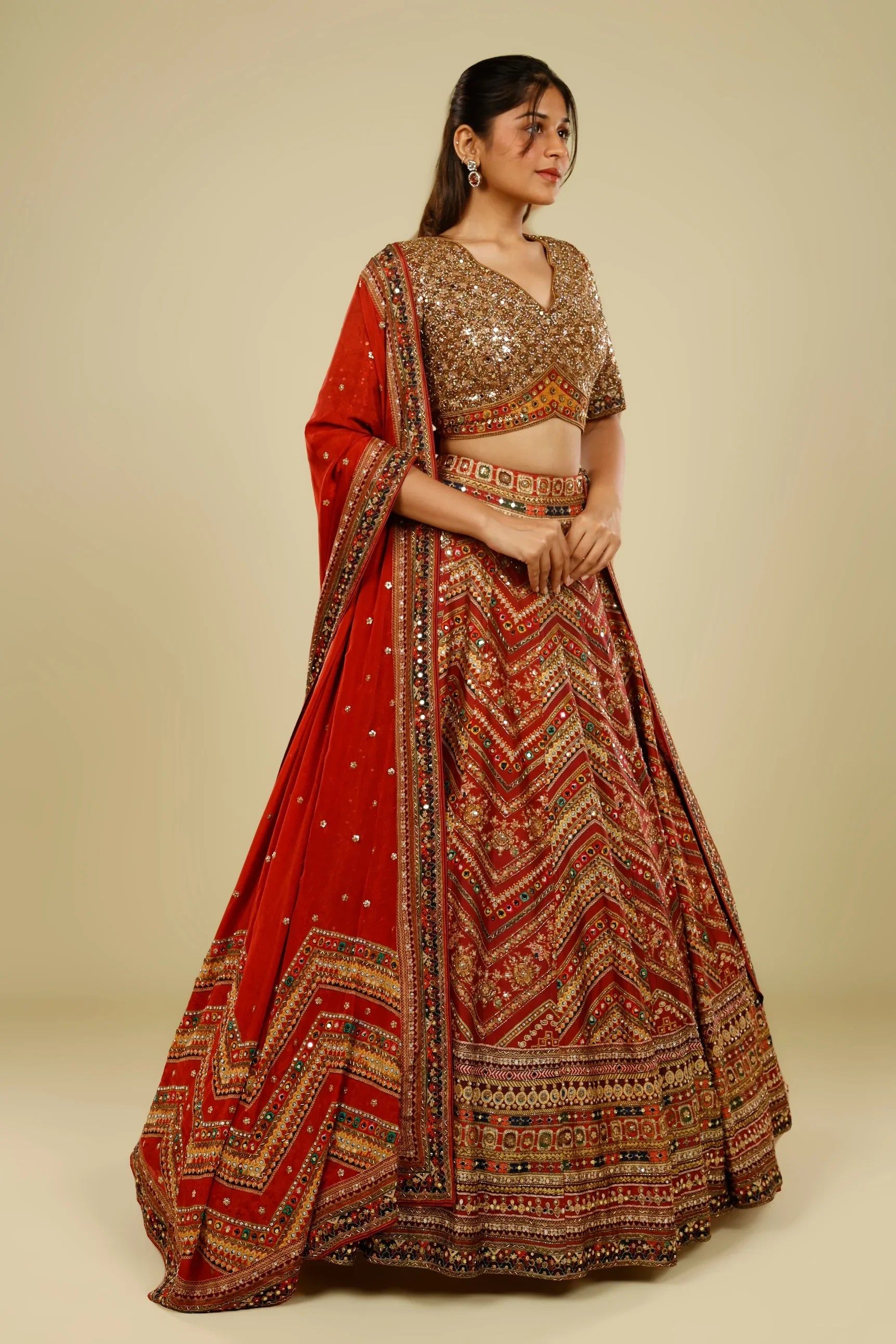Rust Printed Silk Lehenga Set with Sequin & Kutdana Embroidery | Mokshaa