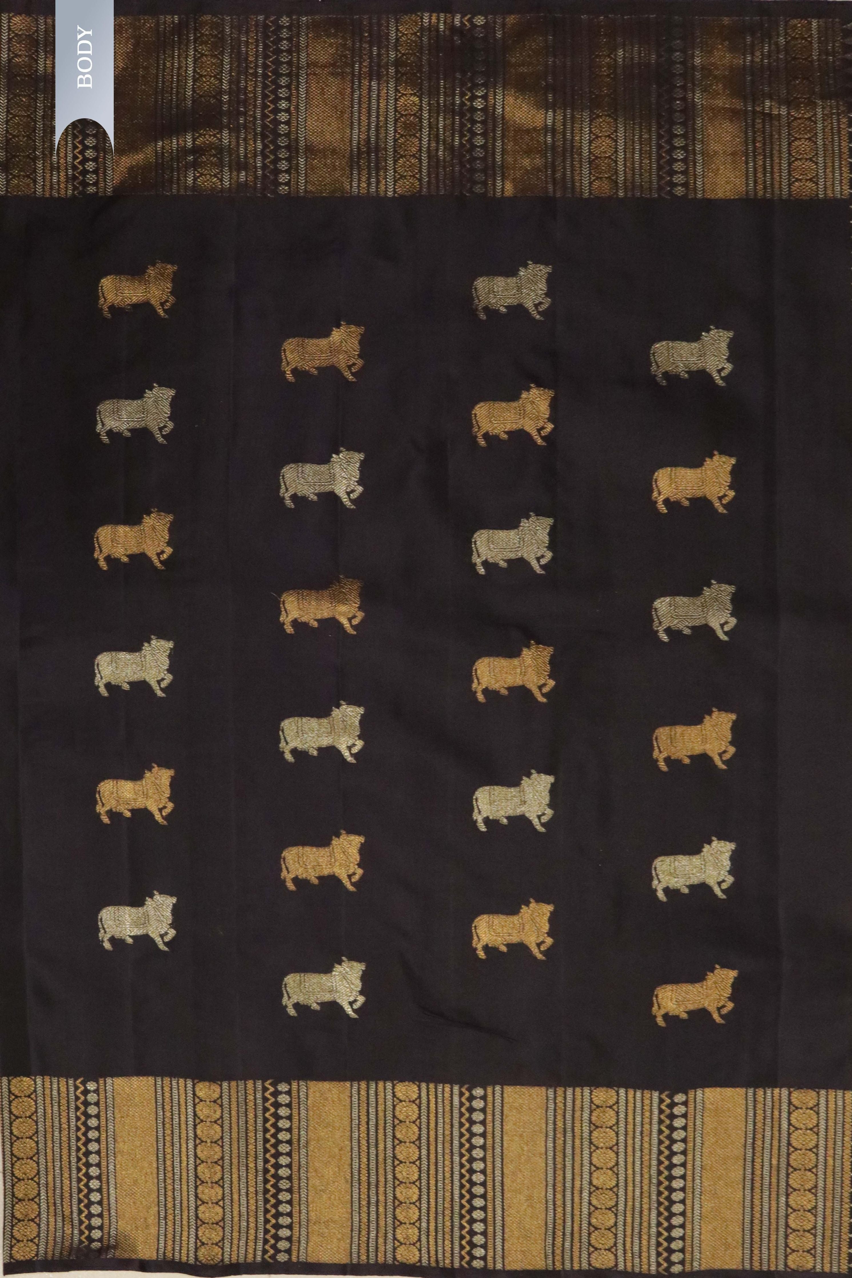 Brownish Purple Kanchipuram Silk Saree with Gold & Silver Cow Motifs and Fancy Border - Mokshaa