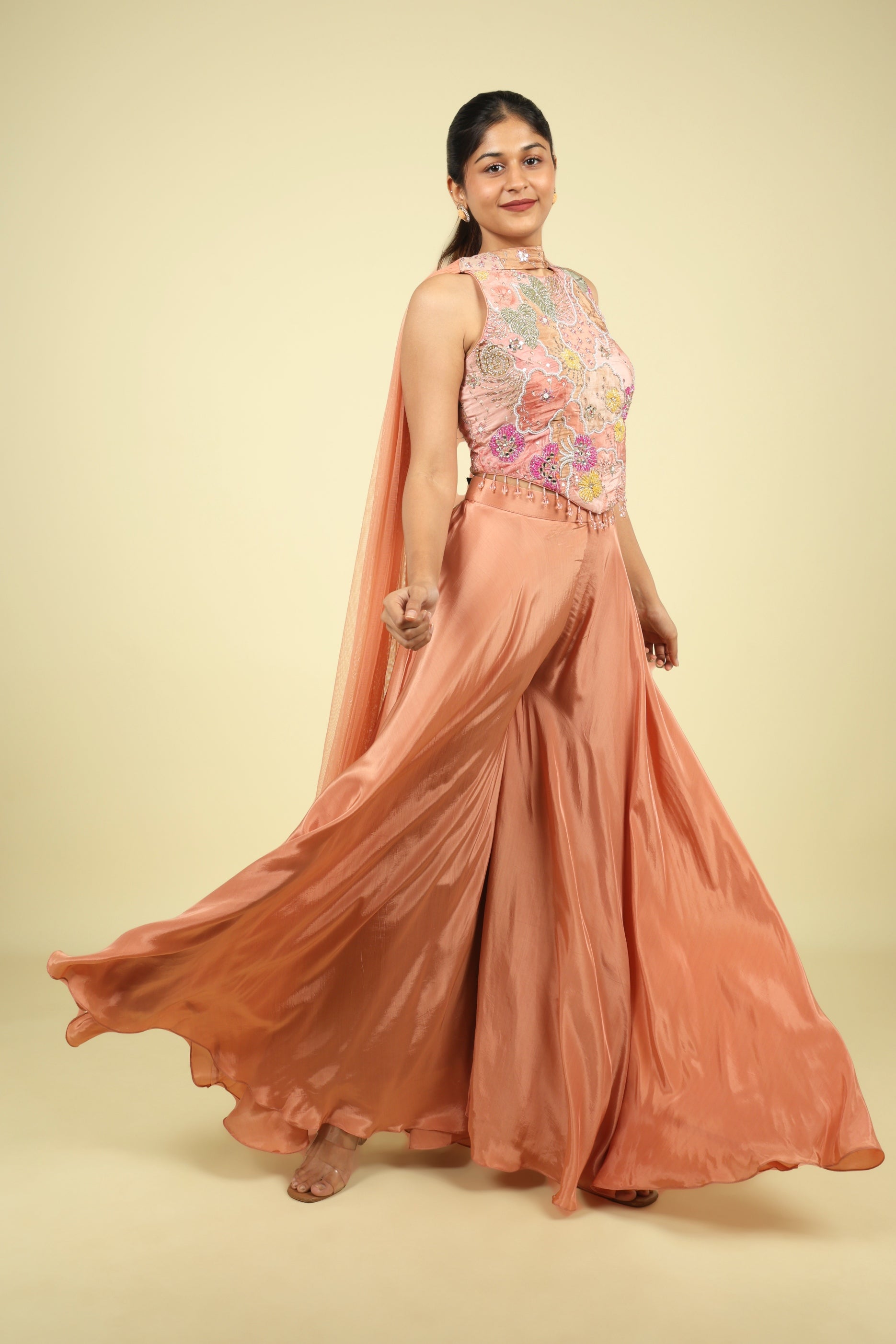 Peach Embroidered Satin Silk Corset Palazzo Set