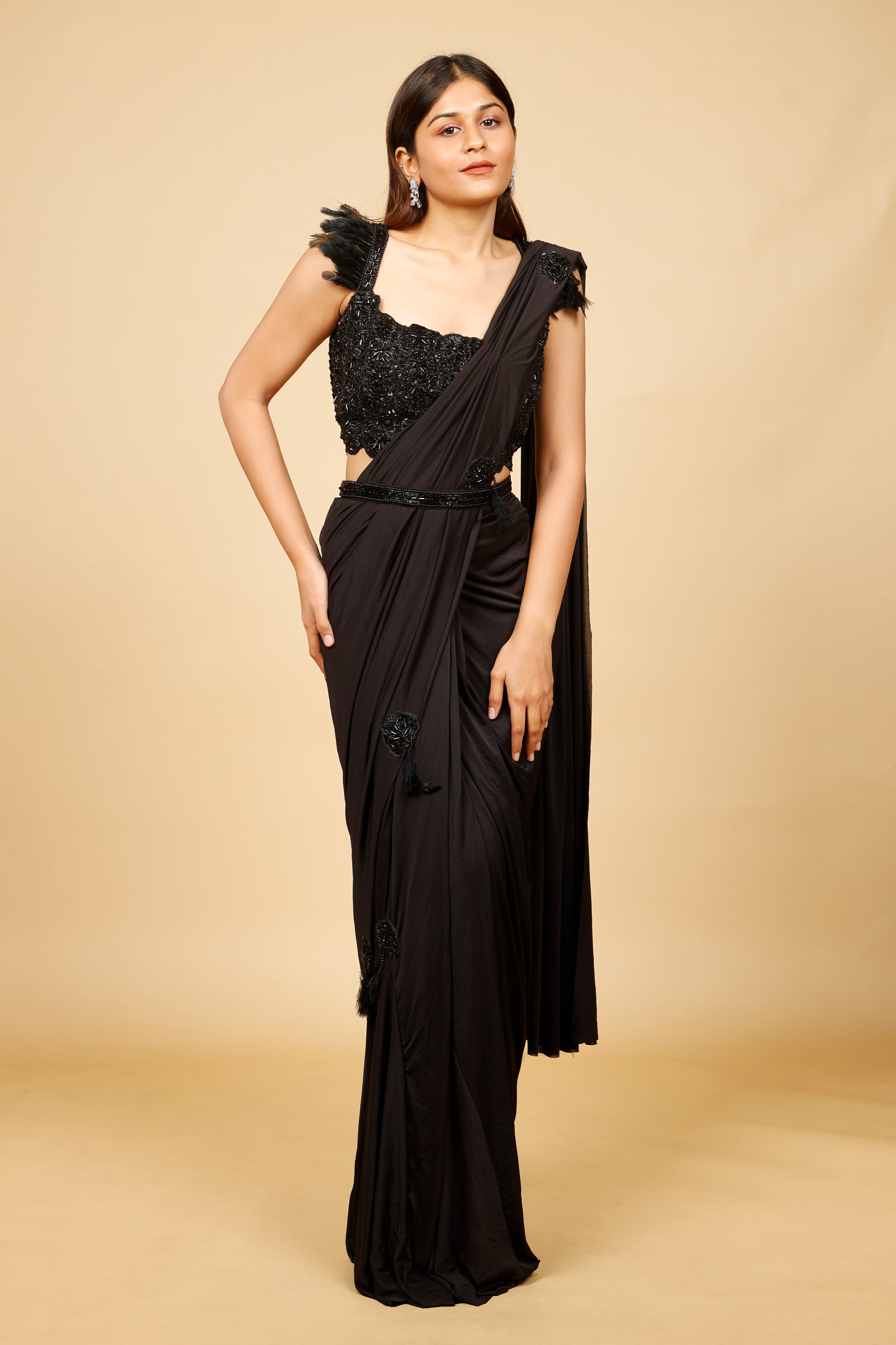 Black Lycra Drape Saree with Feathered Pearl & Cutdana Embroidered Blouse