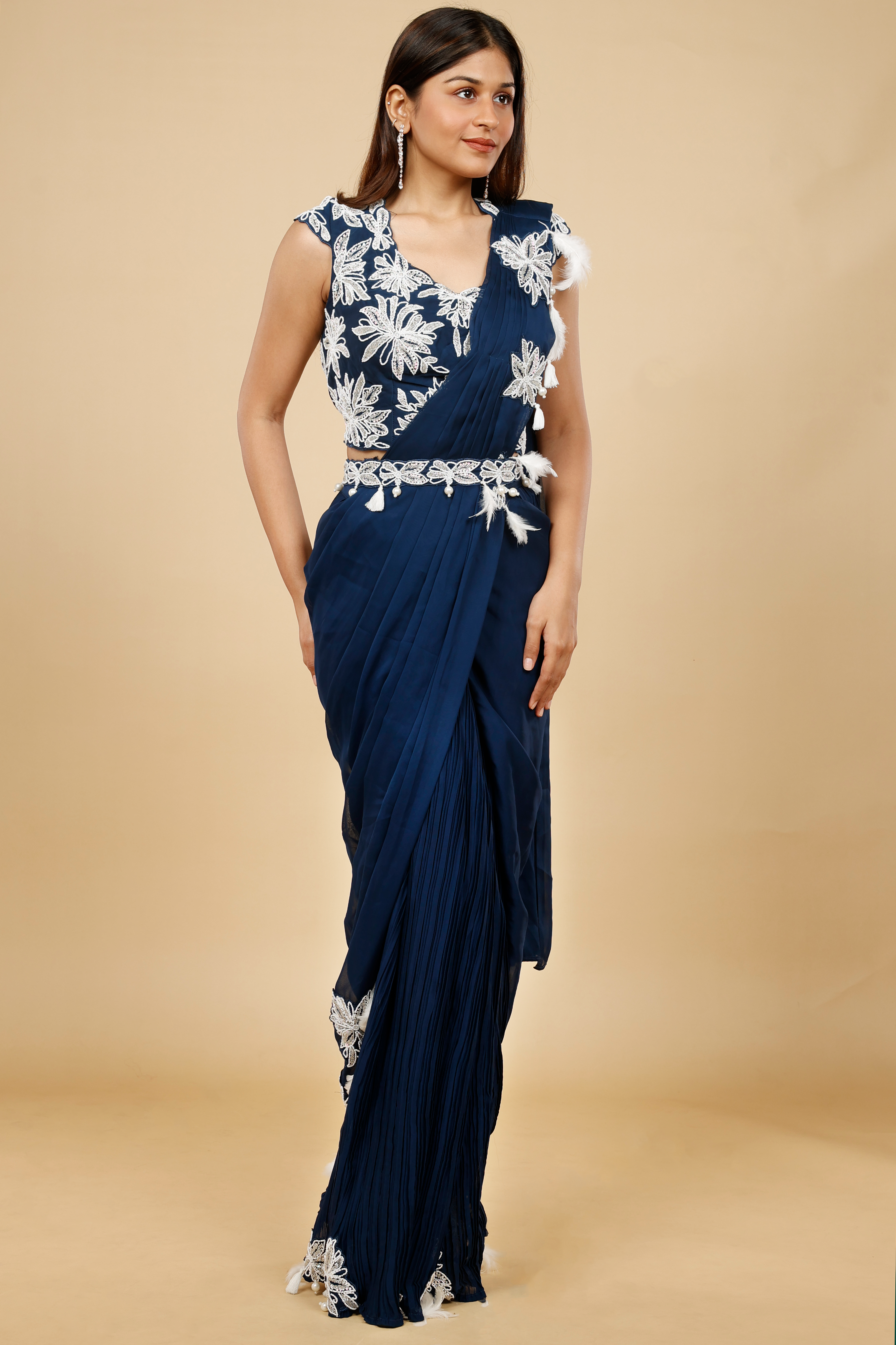 Navy Blue Organza Drape Saree with Kutdana & Pearl Embroidery