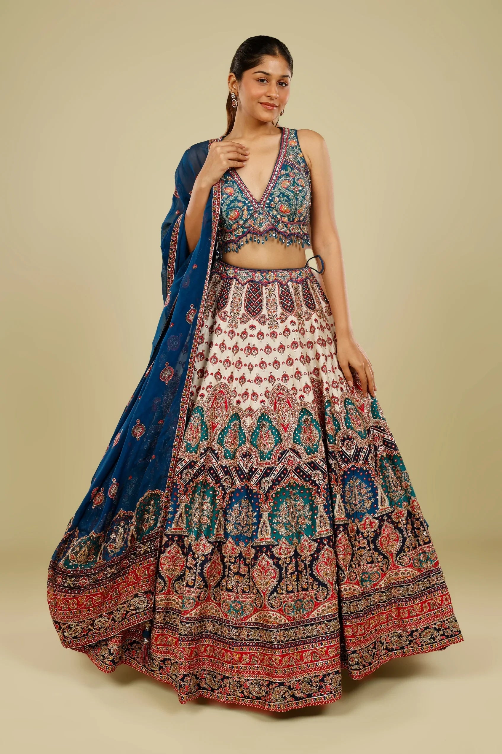 Blue Multicolour Printed Silk Lehenga Set with Zari, Sequin & Cutdana Highlights | Mokshaa
