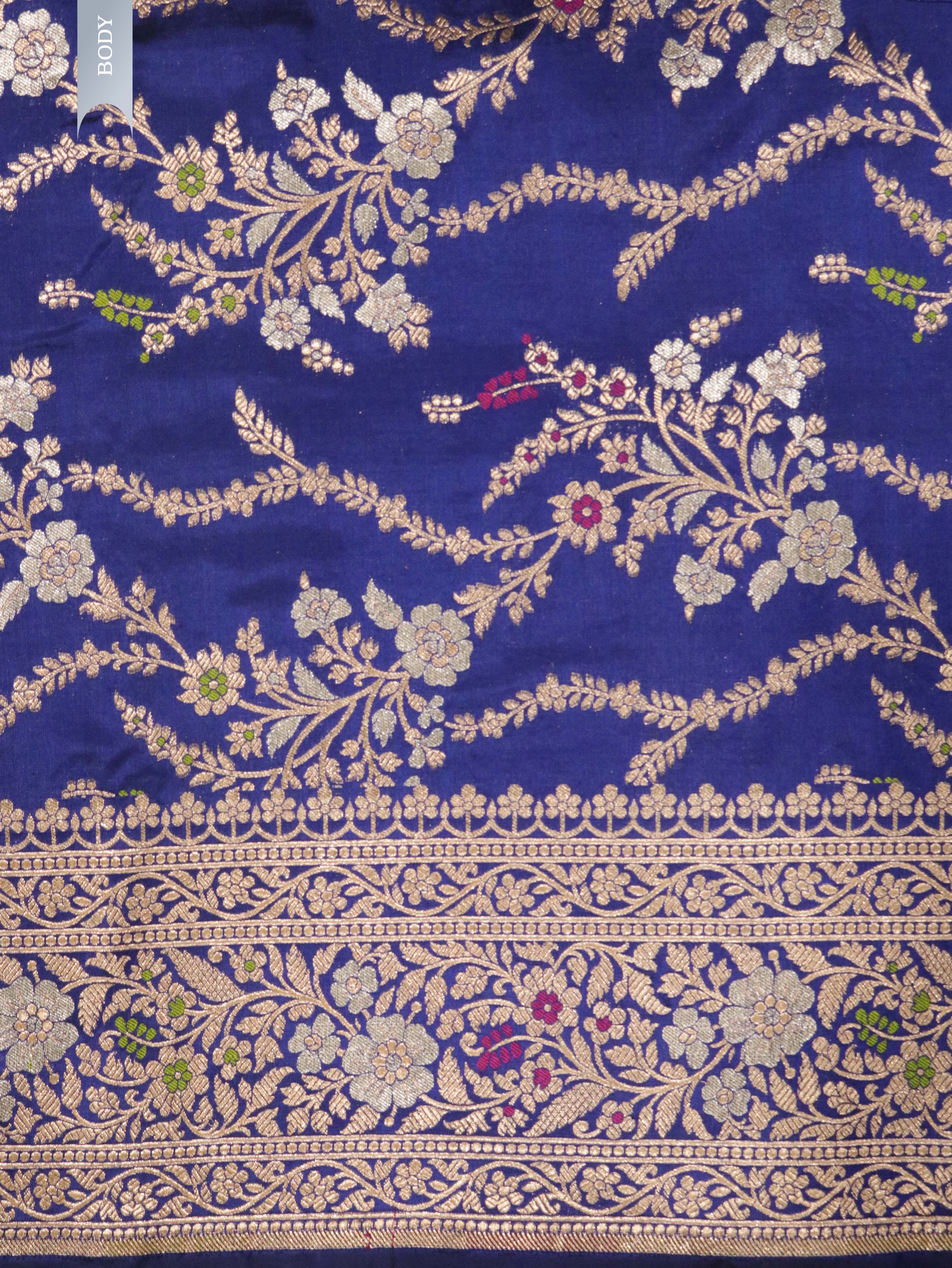 Ink Blue Banarasi Silk Saree with Zari Weaving & Meenakari Thread Work