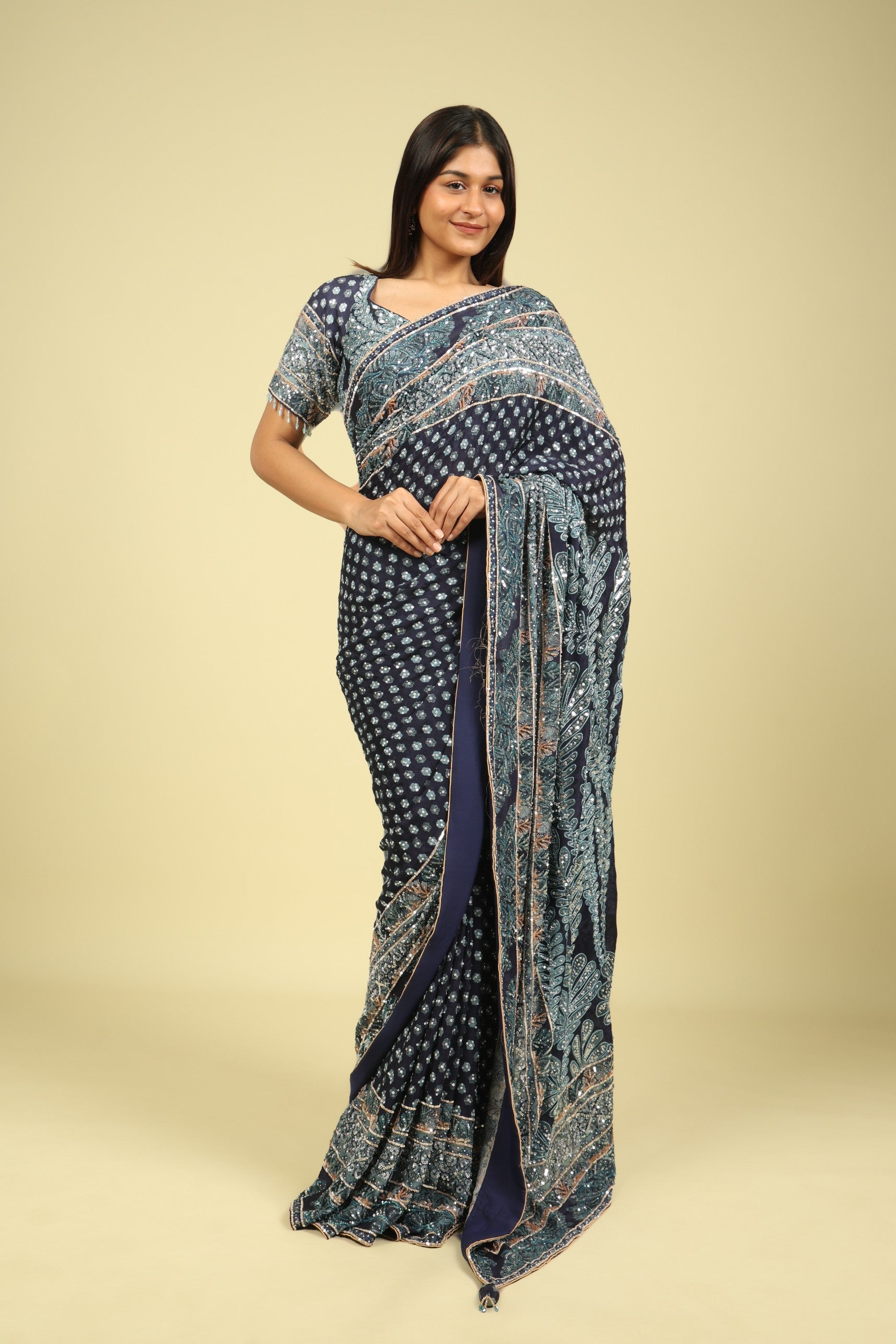 Dark Blue Soft Georgette Saree with All-Over Fancy Sequin Highlights