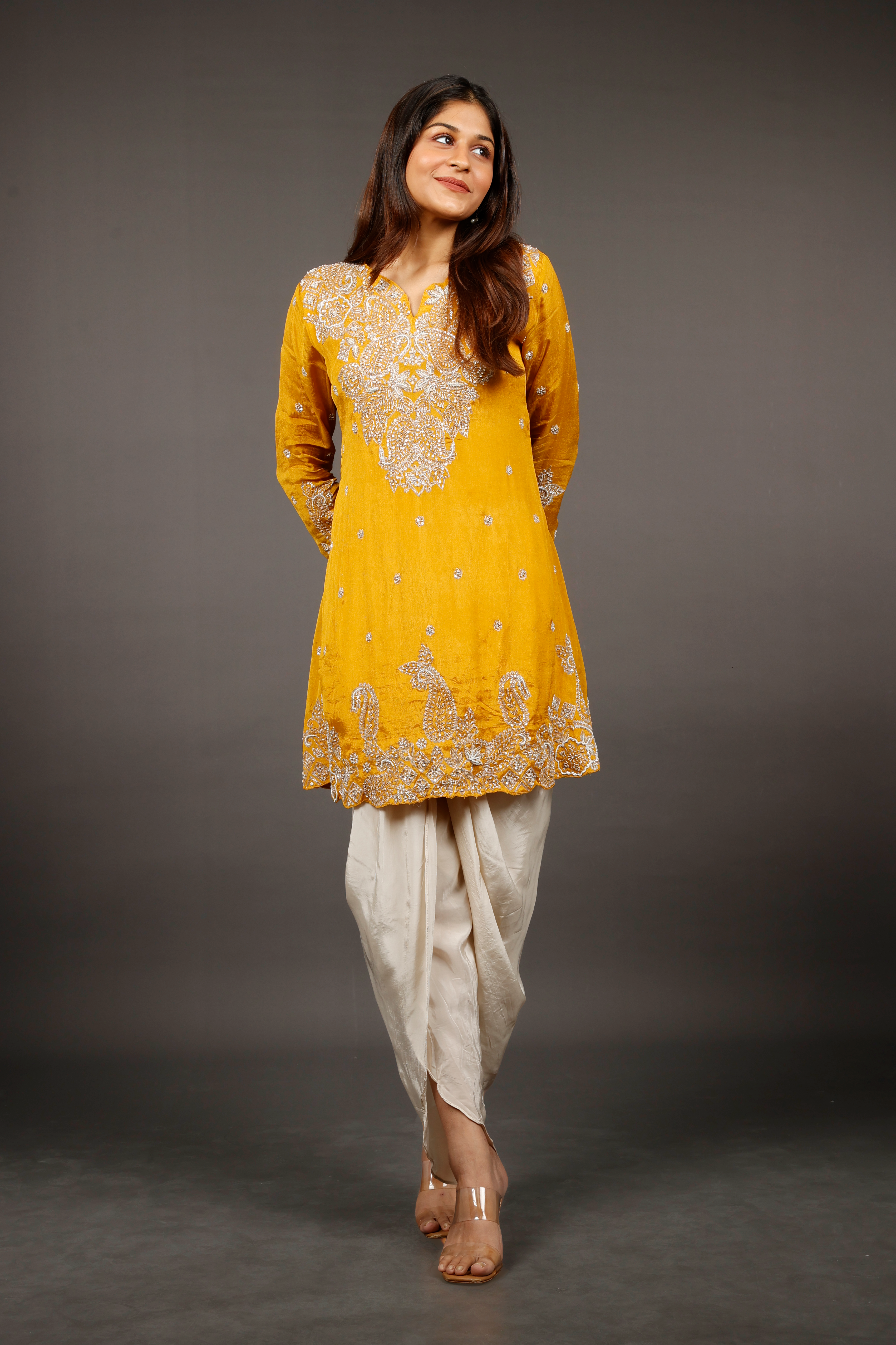 Yellow Chinon Silk Indo-Western Kurta with Cream Dhoti Pants