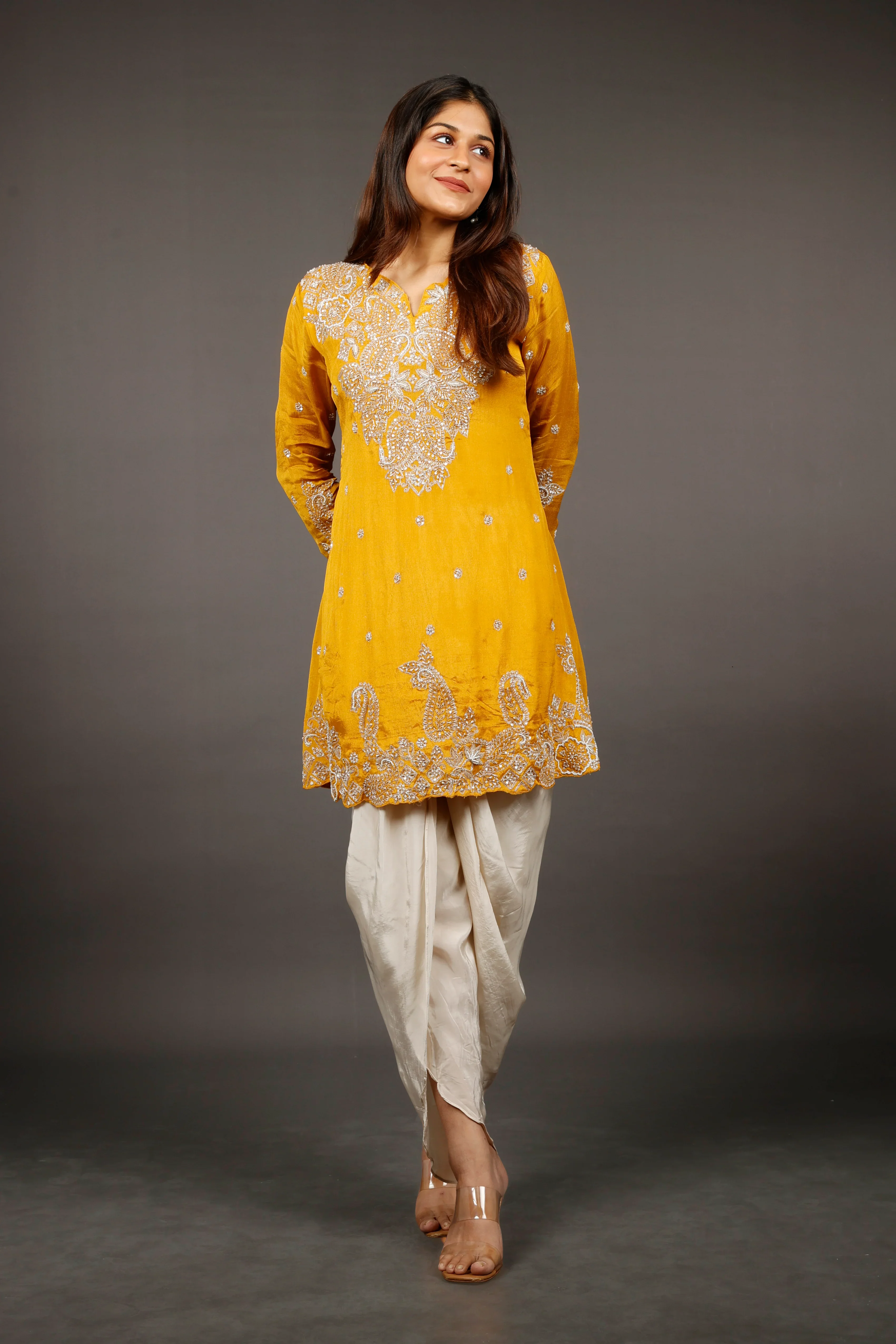 Yellow Chinon Silk Indo-Western Kurta with Cream Dhoti Pants - Mokshaa