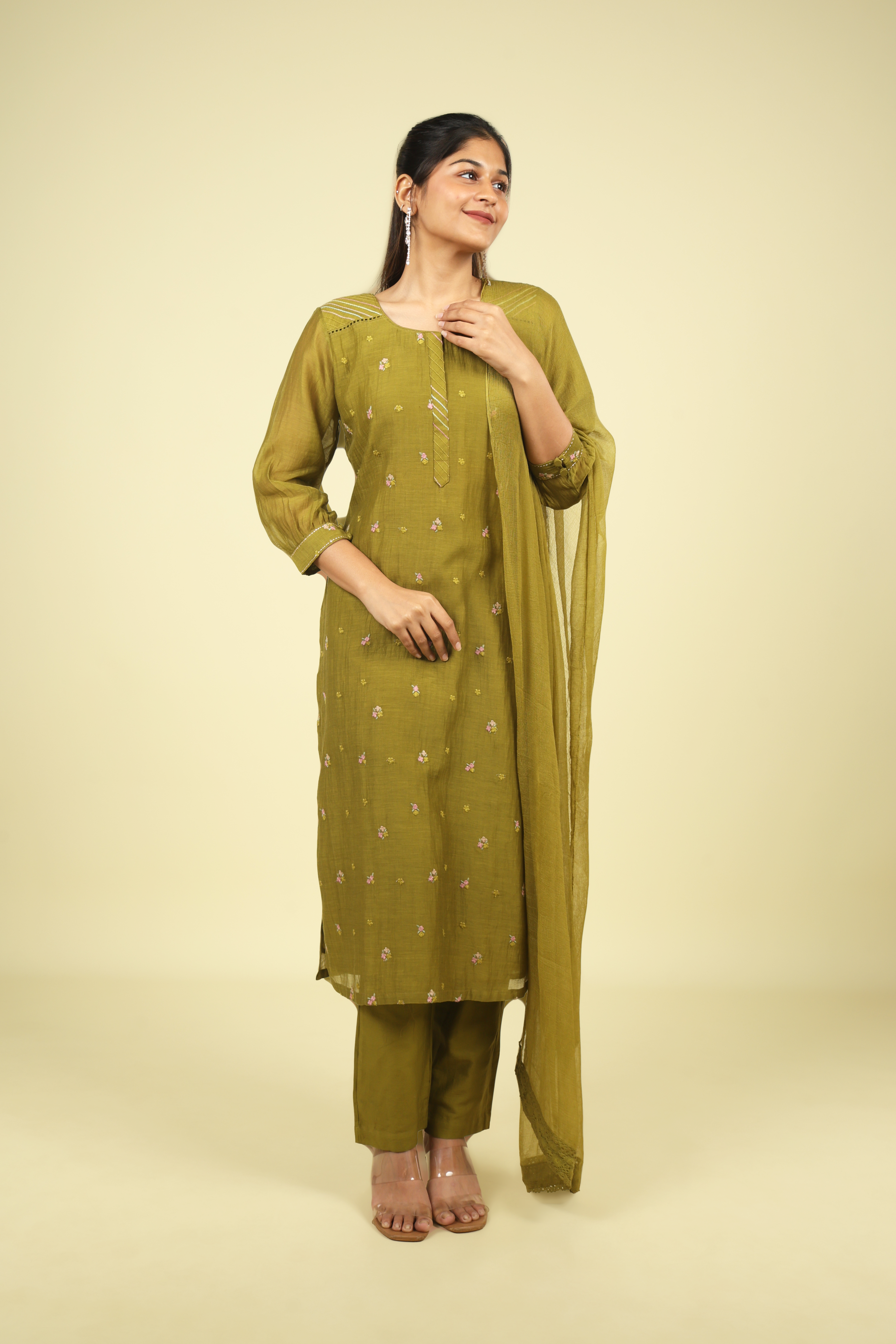 Olive Green Mul Chanderi Straight Cut Salwar Set with Chiffon Dupatta