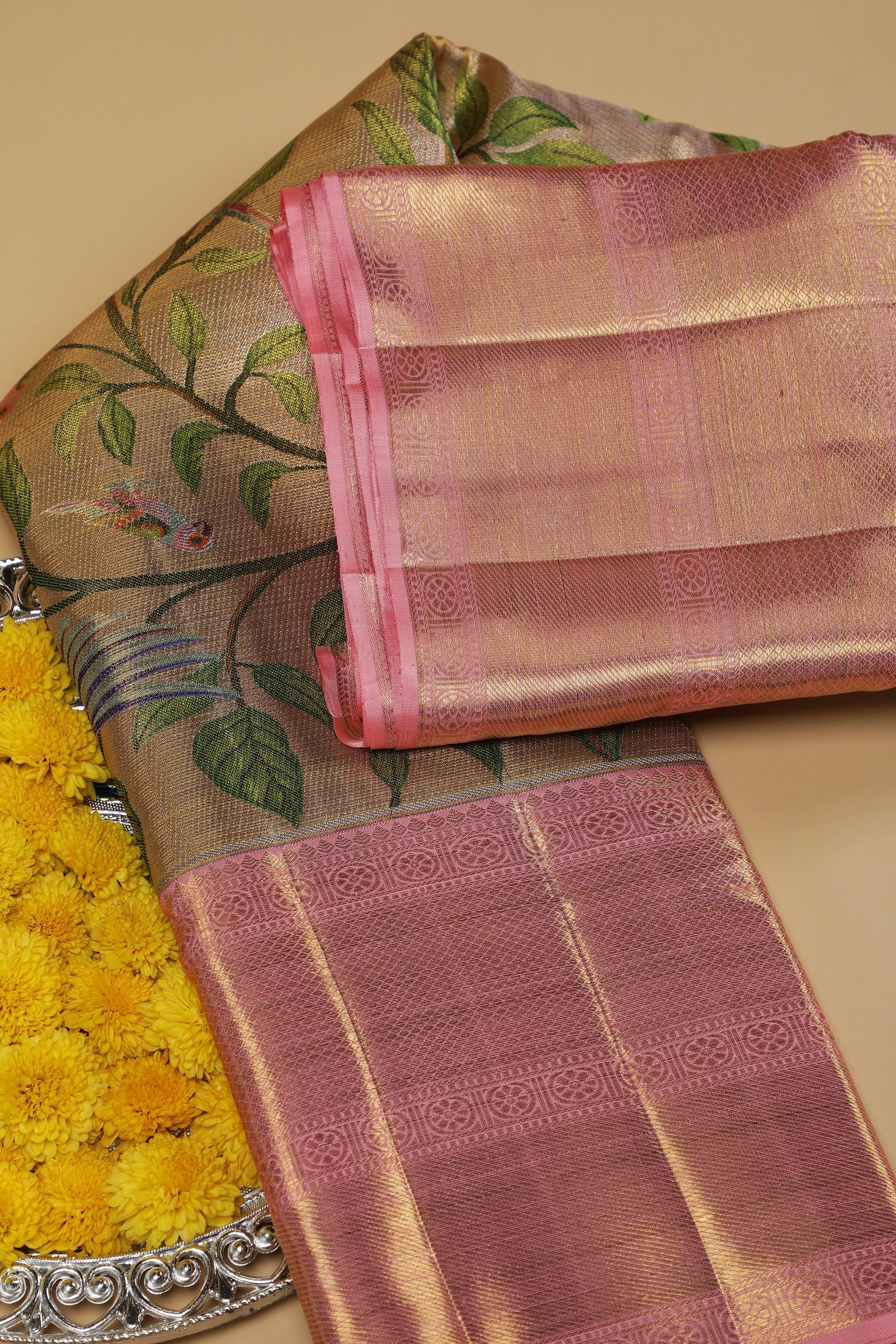 Gold Tissue Silk Saree with Meenakari Bird Weave and Peach Tissue Border  Mokshaa