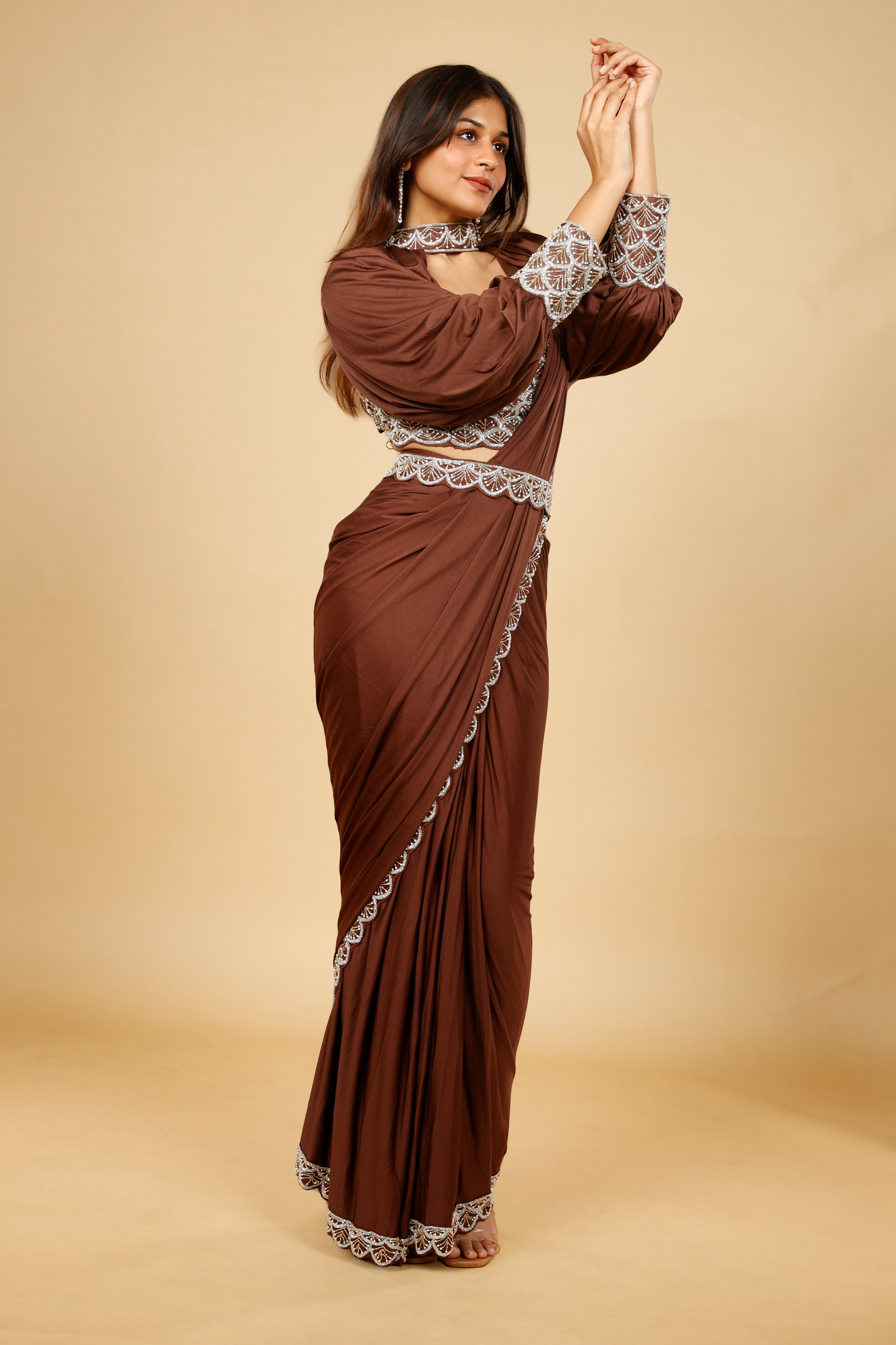 Brown Satin Lycra Drape Saree with Pearl & Cutdana Embroidery