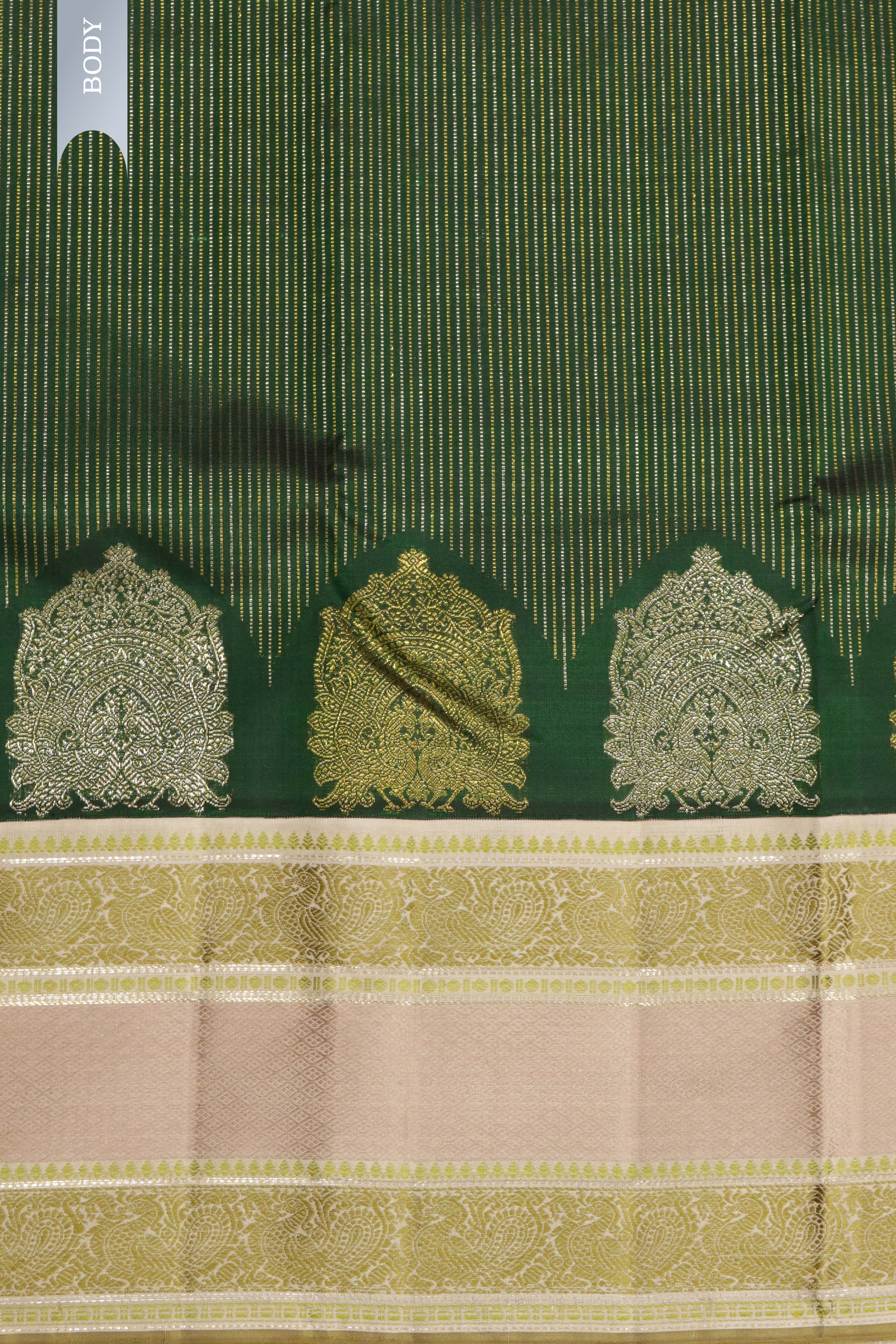 Bottle Green Kanchipuram Silk Saree with Self Stripes, Zari Weaving & Contrast Thread Border