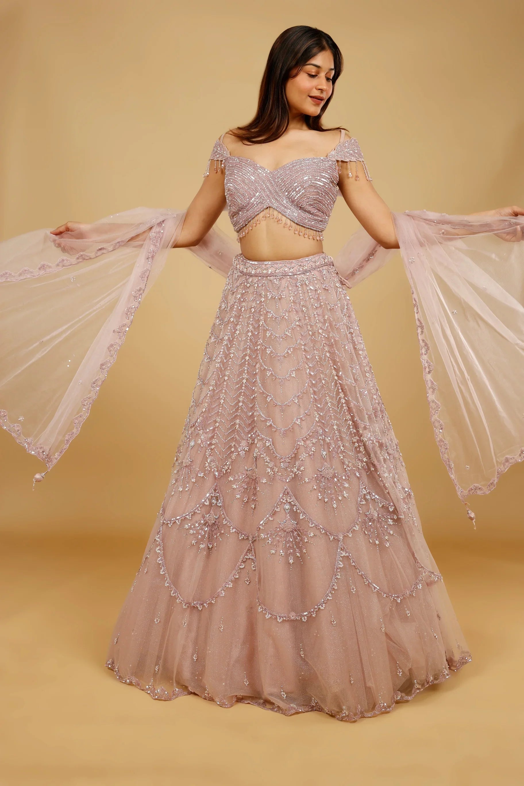Mauve Net Lehenga Set with Sequin, Pearl & Cutdana Embroidery