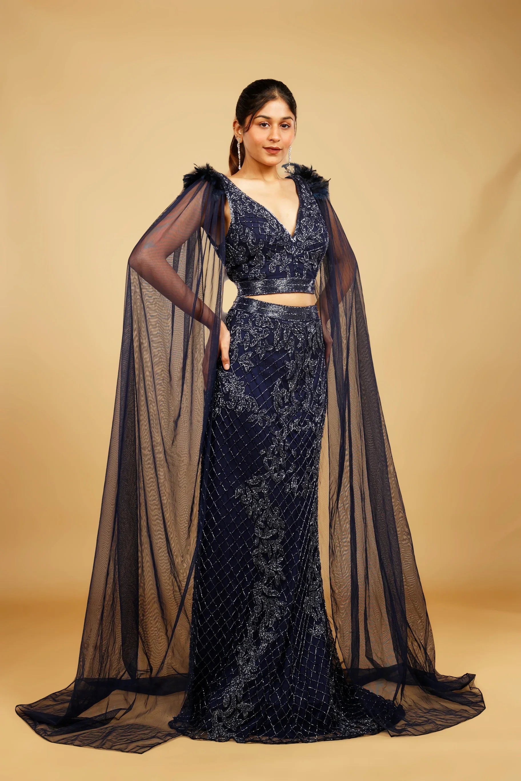 Navy Blue Net Mermaid Skirt Set with Cutdana Embroidery