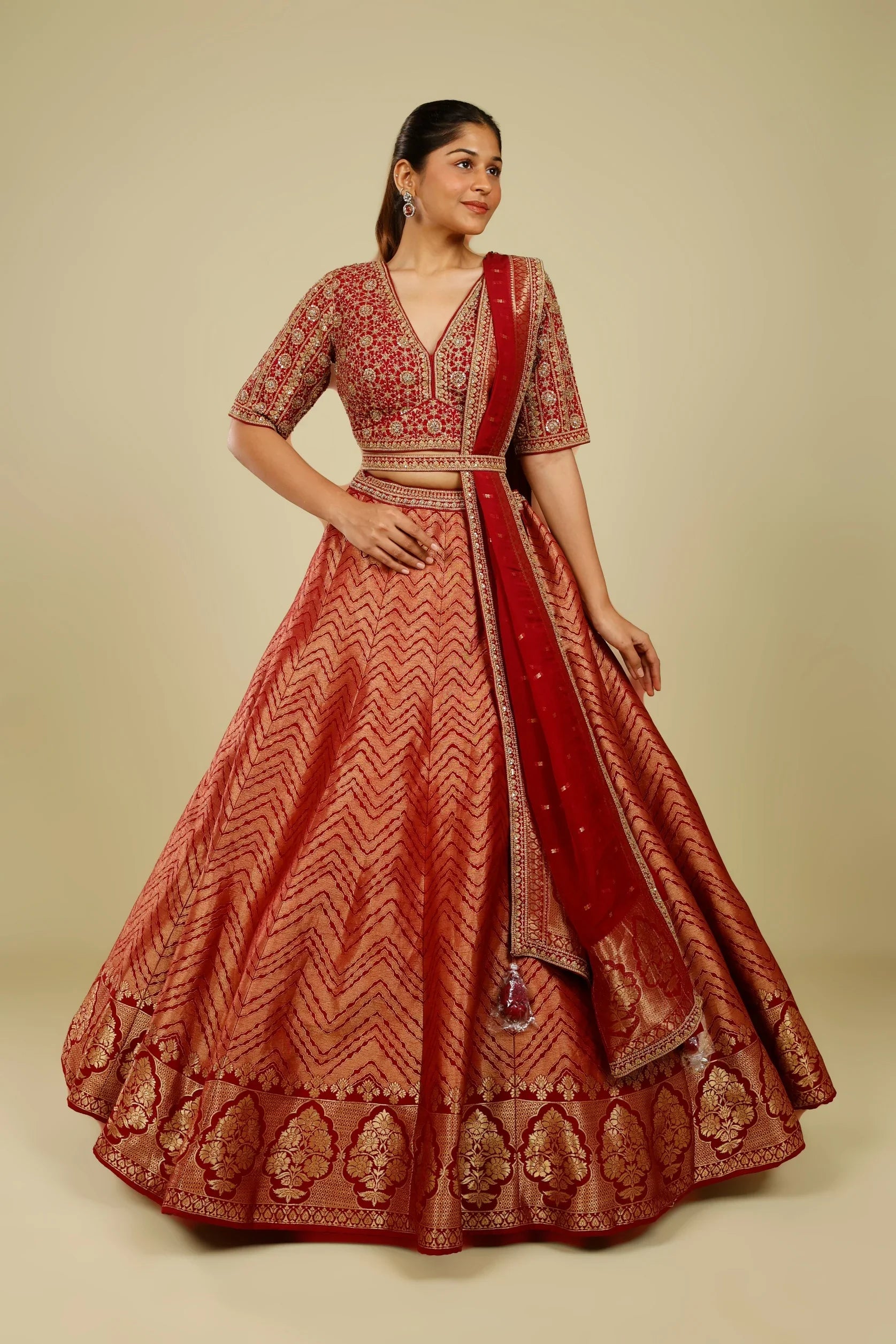 Maroon Banarasi Lehenga Set with Zari, French Knot & Cutdana Embroidery | Mokshaa