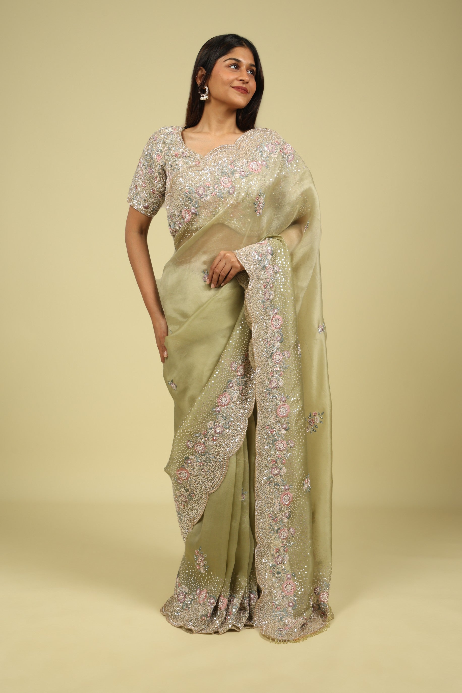 Light Green Organza Saree with Sequin & Thread Embroidery Motifs