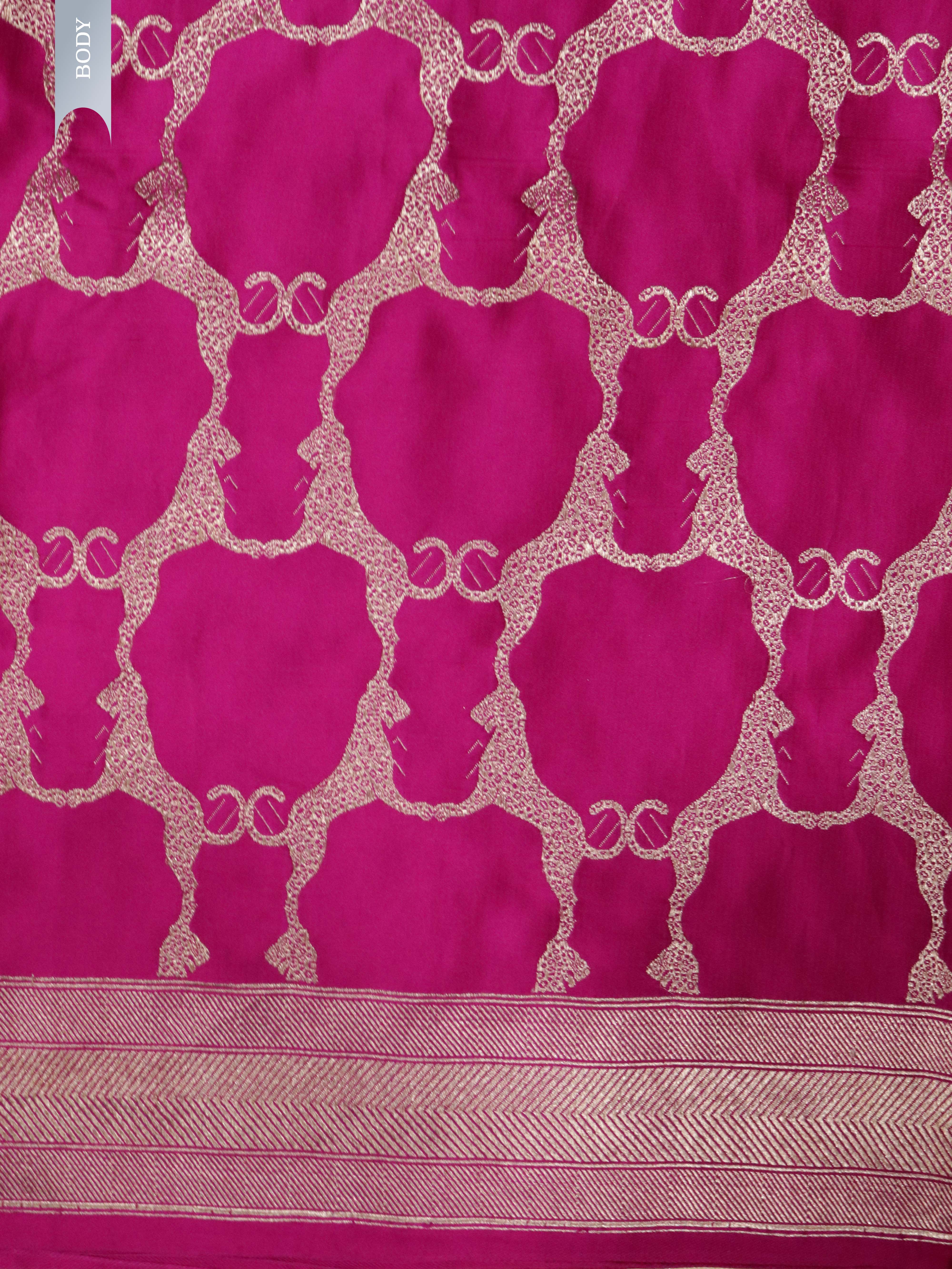 Rani Pink Banarasi Mushroom Silk Saree with Silver Zari Tiger Jaal**