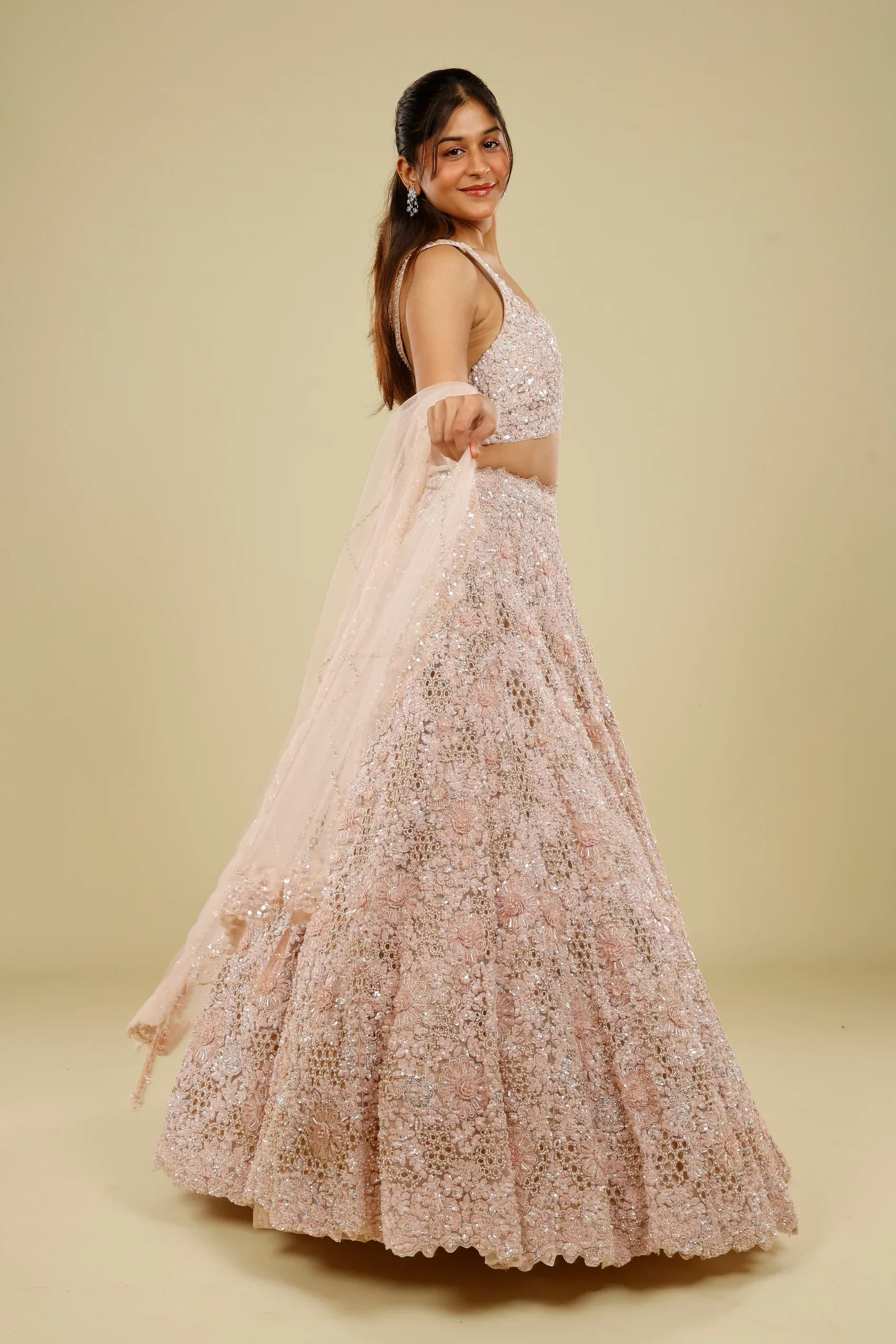 Blush Pink Net Cutwork Lehenga Set with Sequin, Stone & Pearl Embroidery