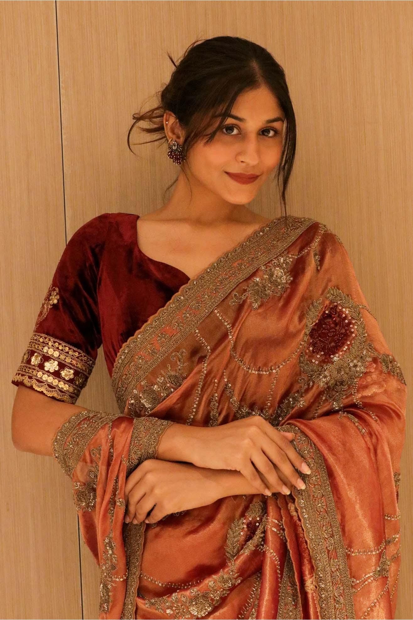 Rust Orange Tissue Saree with Antique Zardosi & Bead Work - Mokshaa